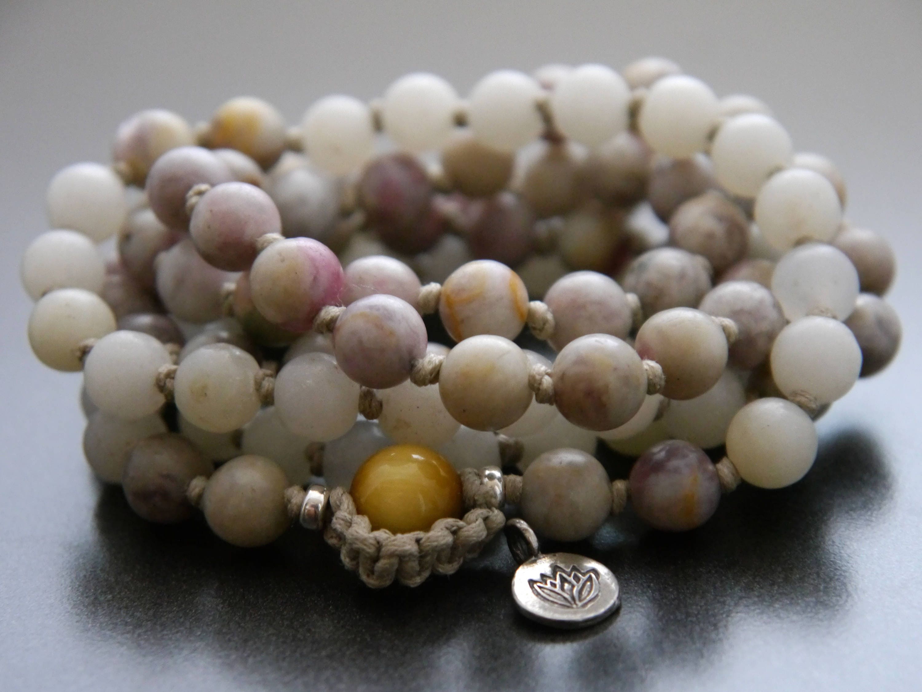 Lilac Stone, Snow Quartz, Tiger's Eye 108 Bead Mala, Hand-Knotted Meditation