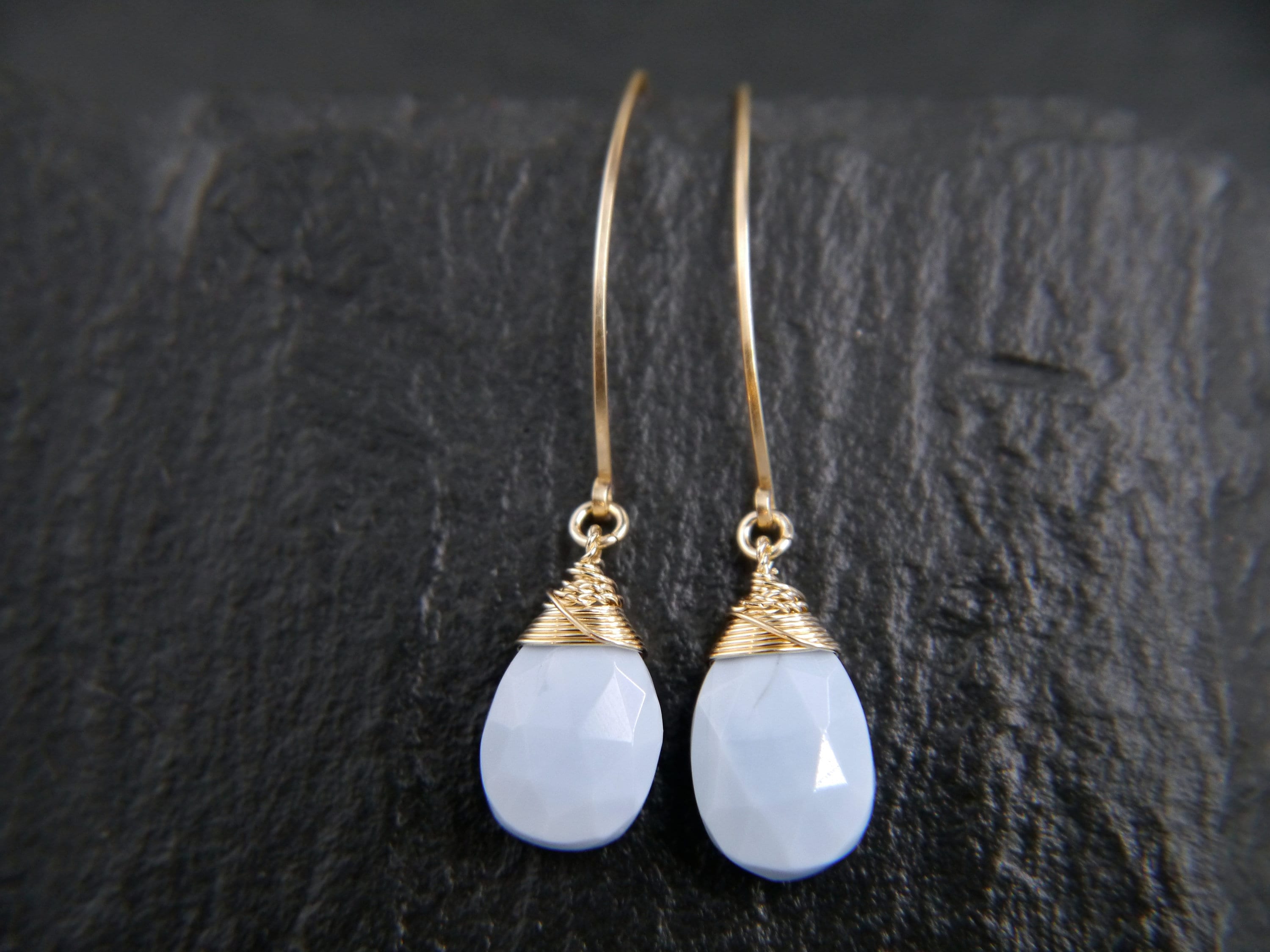 Blue Opal Teardrop Long Hoop Gemstone Earrings, 14K Gold Filled Minimalist