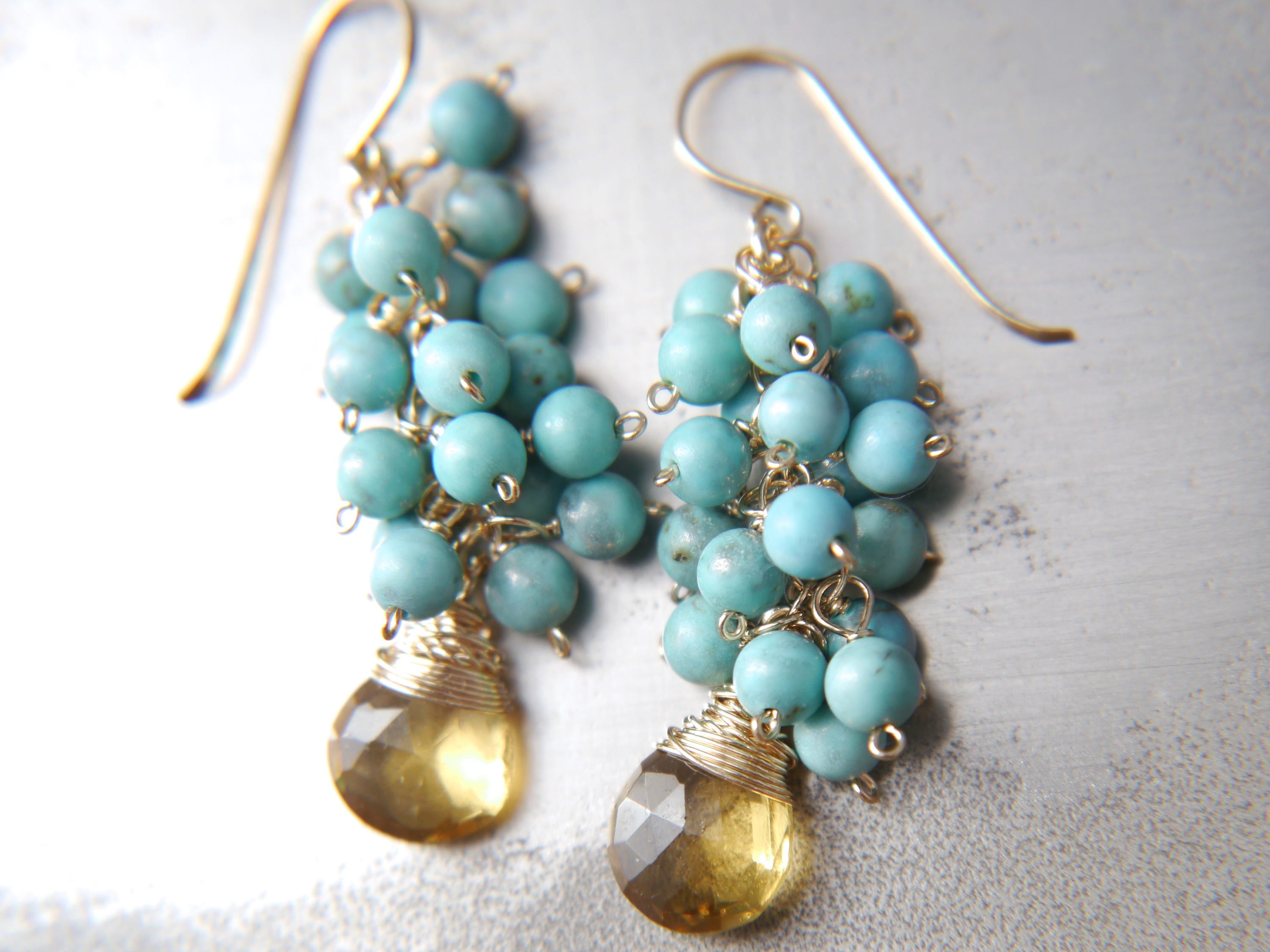 Beer Quartz Turquoise Magnesite Cluster, Gemstone Earrings, 14K Gold Filled Bohemian Jewelry