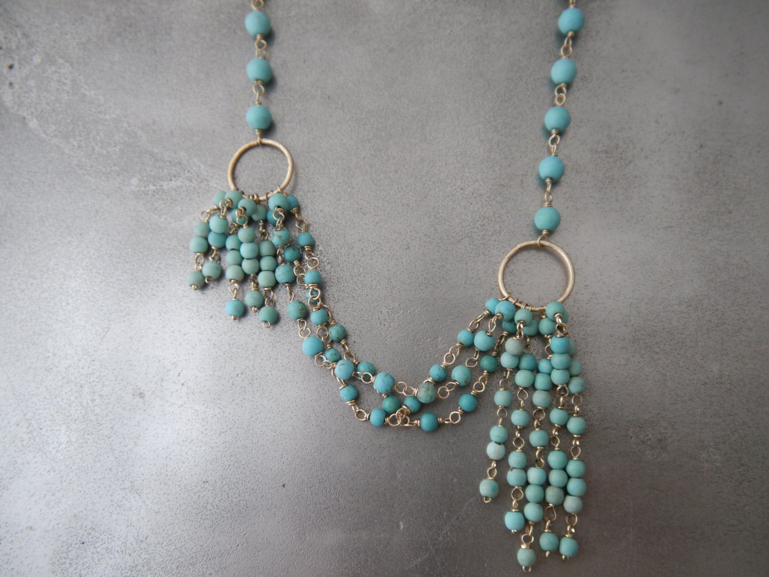 Turquoise Tassel Layering Gemstone Necklace, 14K Gold Filled Statement Jewelry