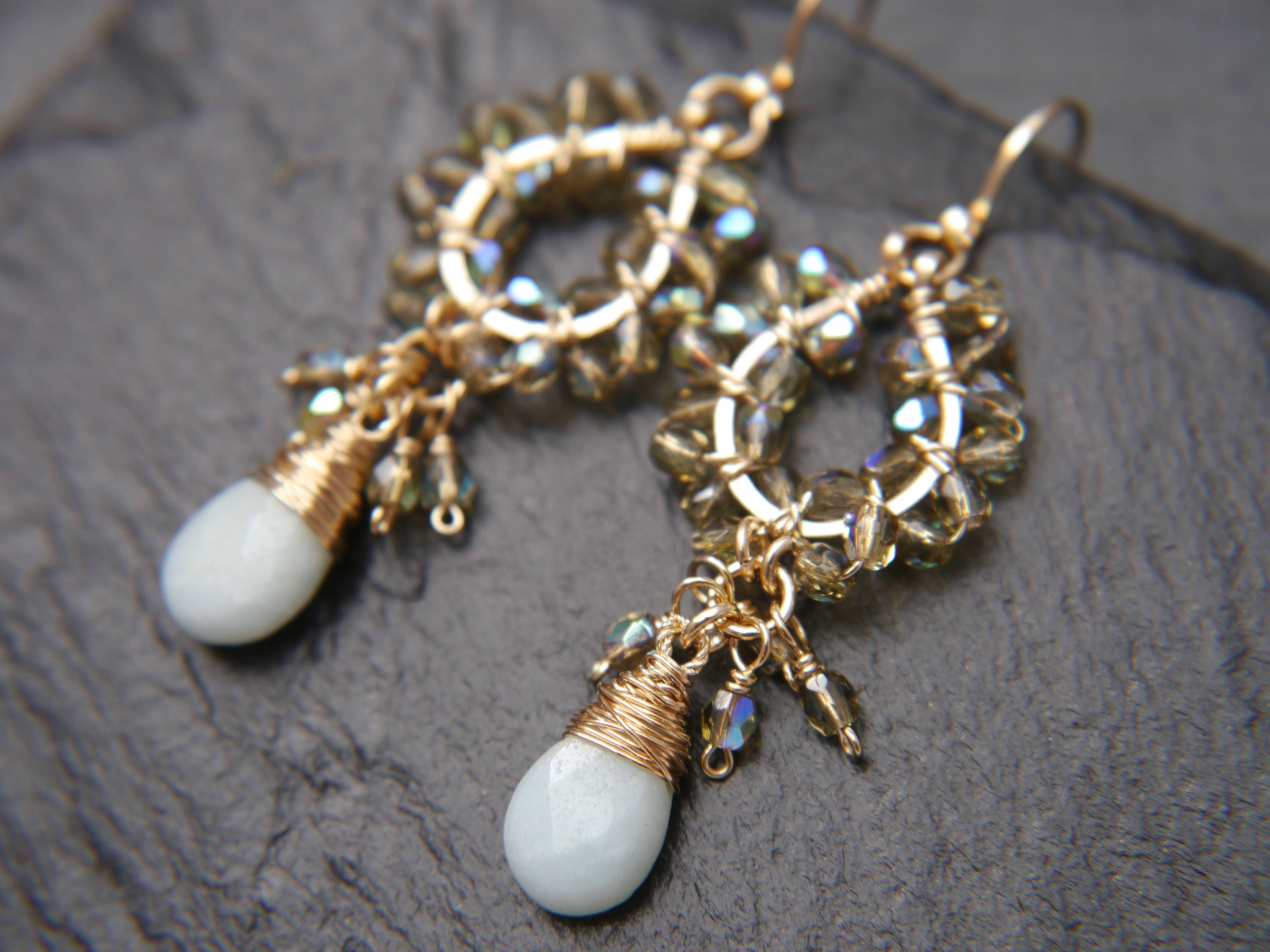 Aquamarine Tortoiseshell Chandelier Gemstone Earrings, 14K Gold Filled Boho