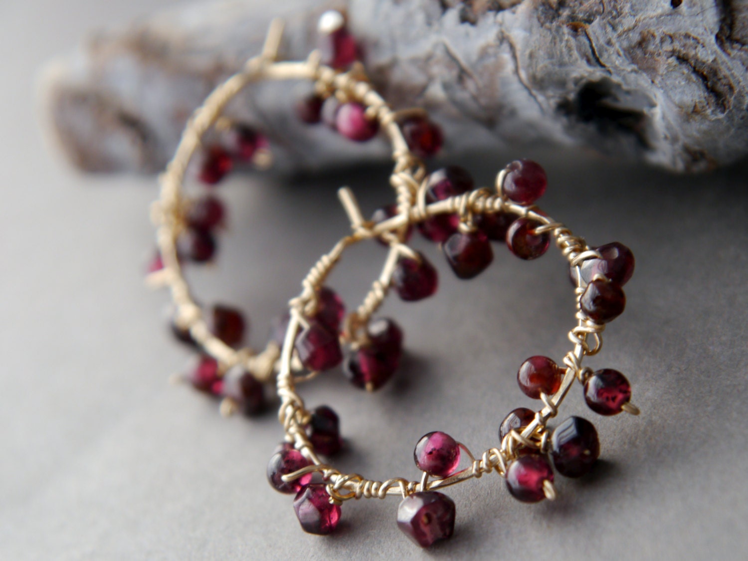 Garnet Hoop Gemstone Earrings, 14K Gold Filled Bohemian Style