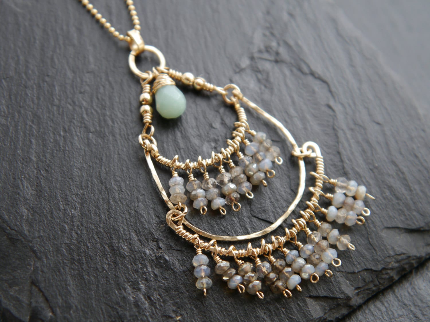 Labradorite Amazonite Gemstone Necklace, 14K Gold Filled, Bohemian Wedding