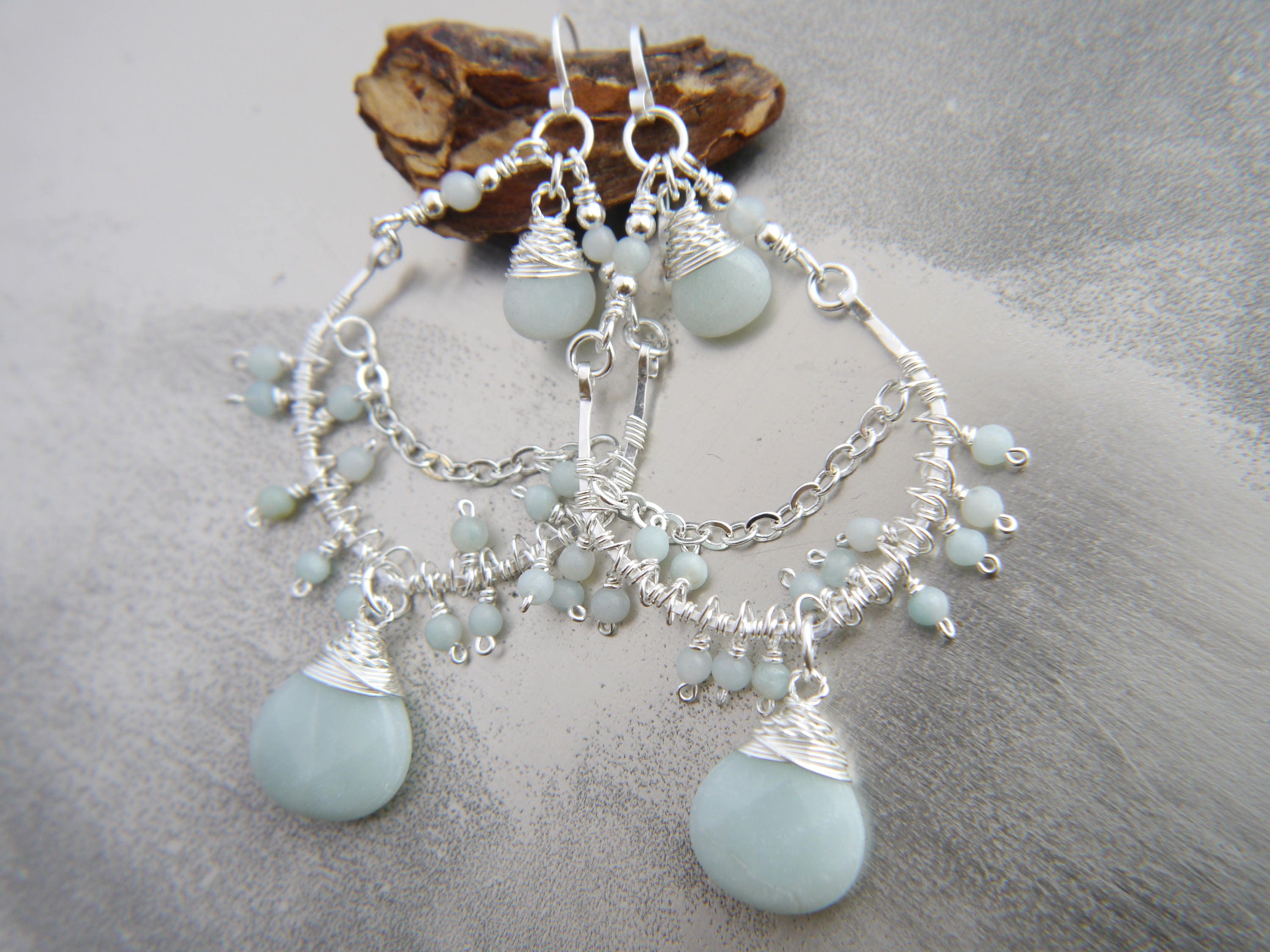 Amazonite Chandelier Gemstone Earrings, Sterling Silver Bohemian Style