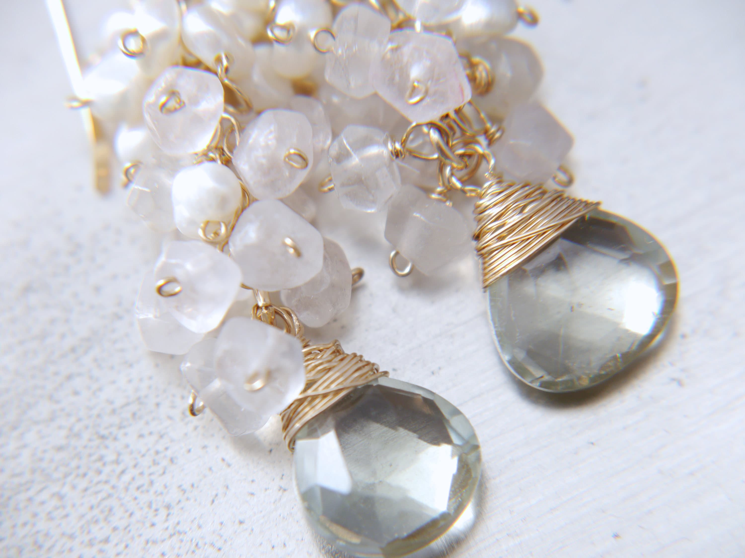 Green Amethyst Rose Quartz Pearl Cluster Gemstone Earrings, 14K Gold Filled Garden Wedding