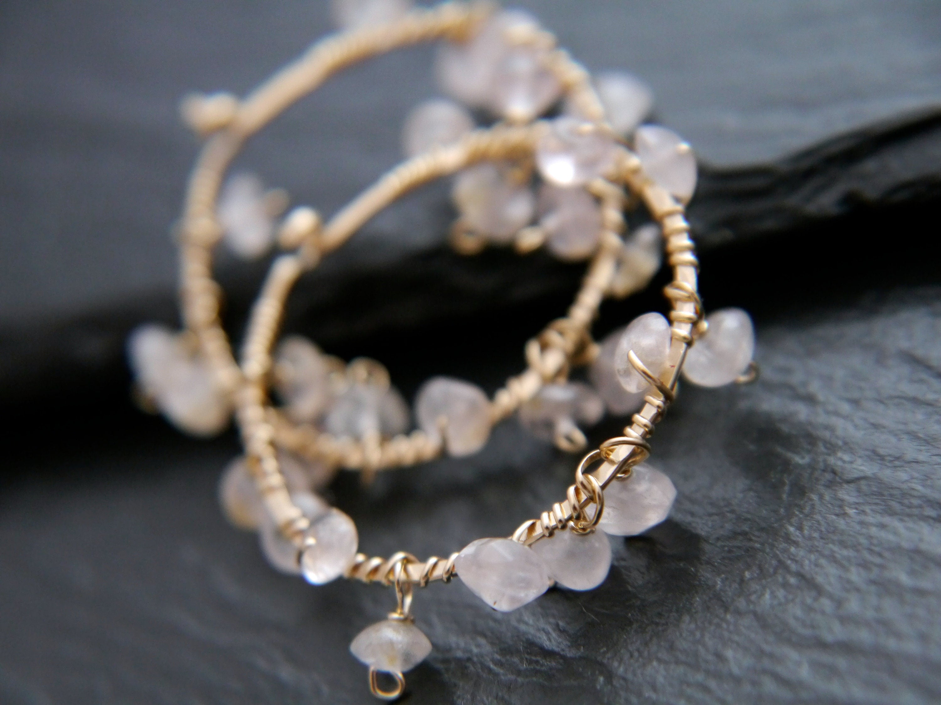 Rose Quartz Hoop Gemstone Earrings, 14K Gold Filled Boho Style Jewelry