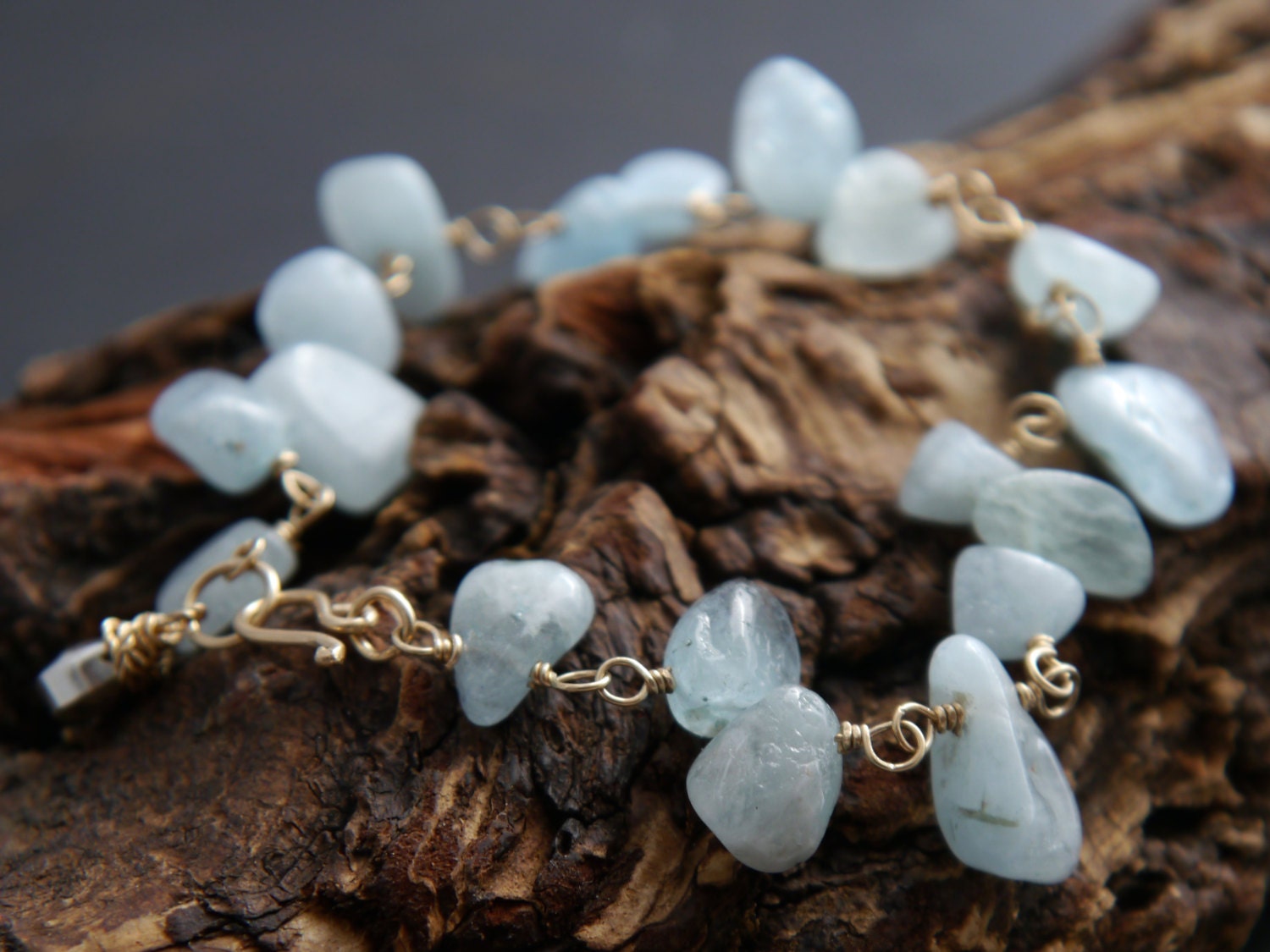 14K Gold Filled Aquamarine Gemstone Bracelet, March Birthstone, Floral Vine Statement Jewelry