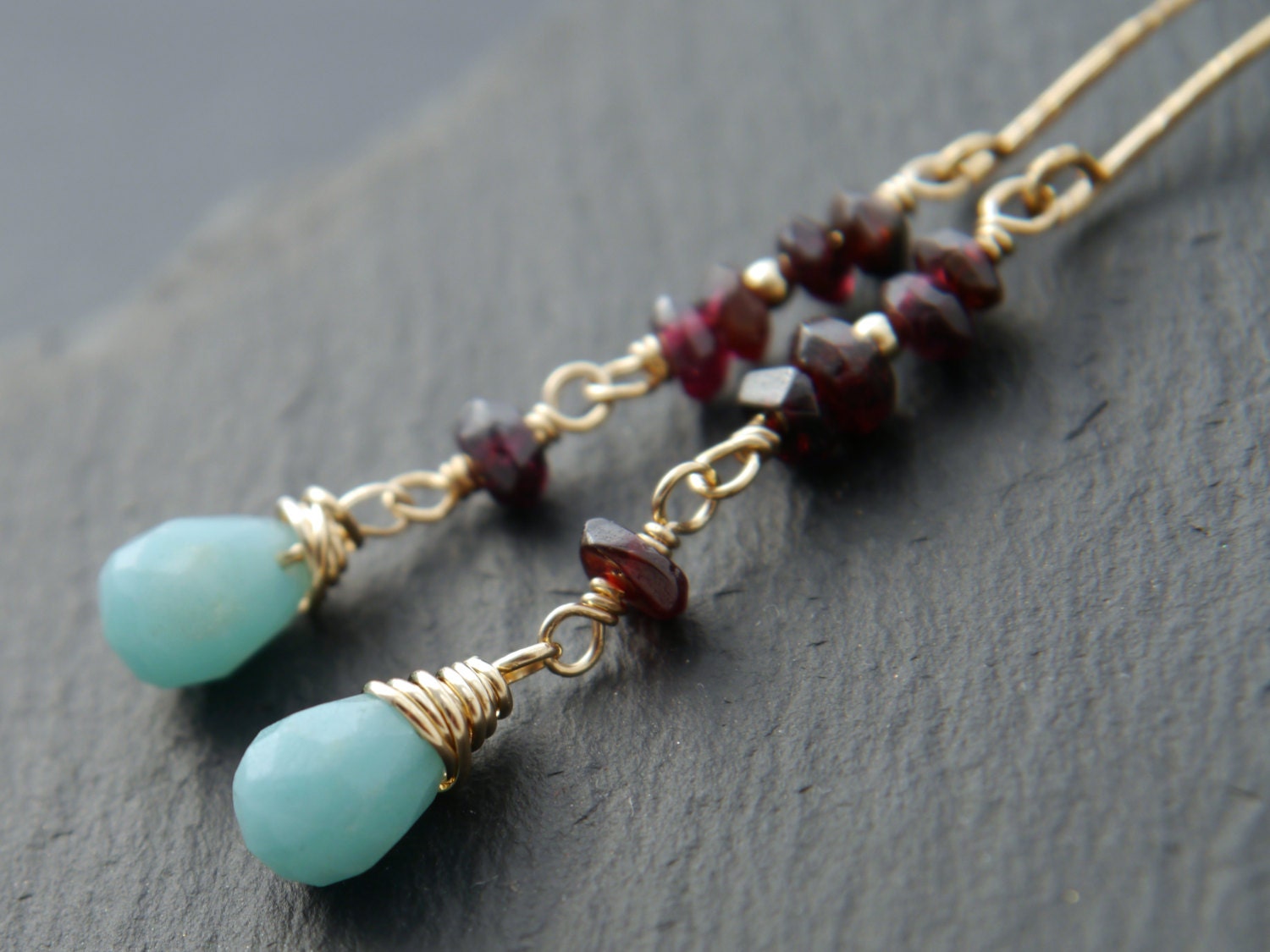 Amazonite Garnet Long Dangle Earrings, 14K Gold Filled Linear Drop, Boho Statement Jewelry