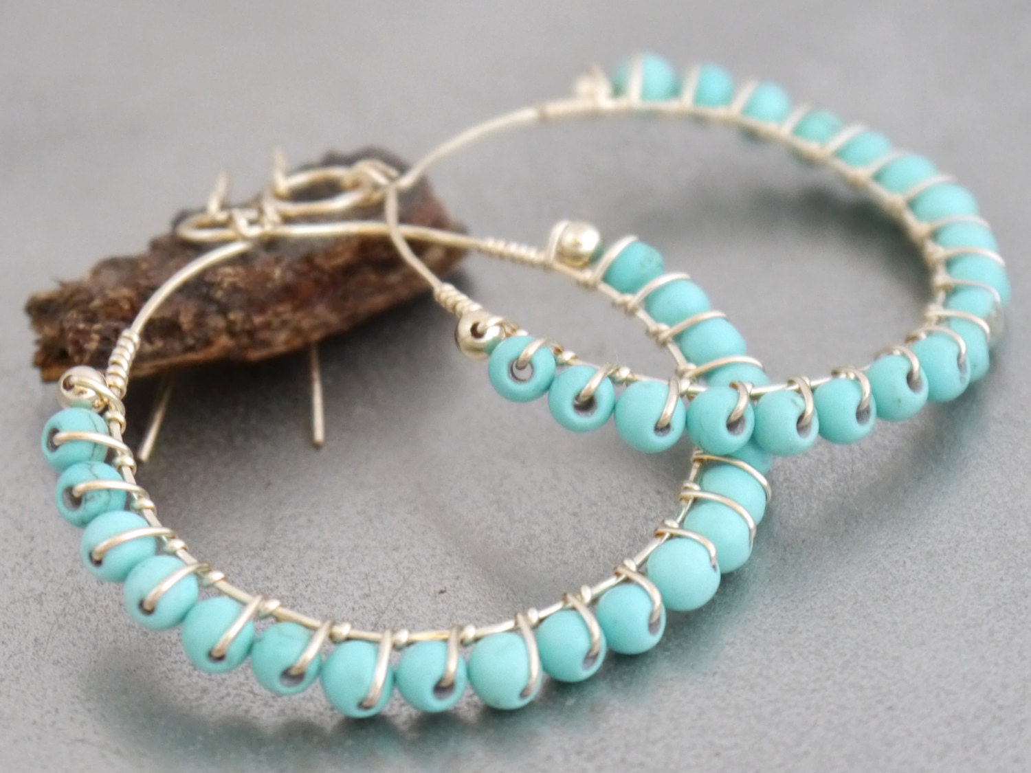 Chalk Turquoise Hoop Gemstone Earrings, 14K Gold Filled Summer Style
