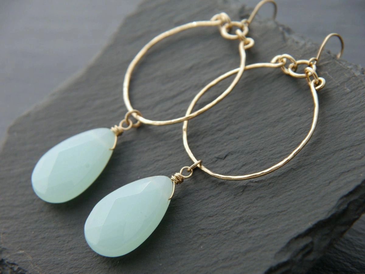 Aqua Chalcedony Teardrop Hoop Gemstone Earrings, 14K Gold Filled