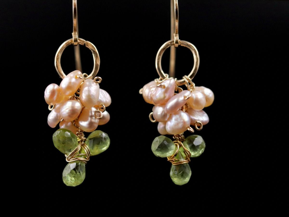 Peridot Pink Freshwater Pearl Floral Dangle Gemstone Earrings, 14K Gold Filled