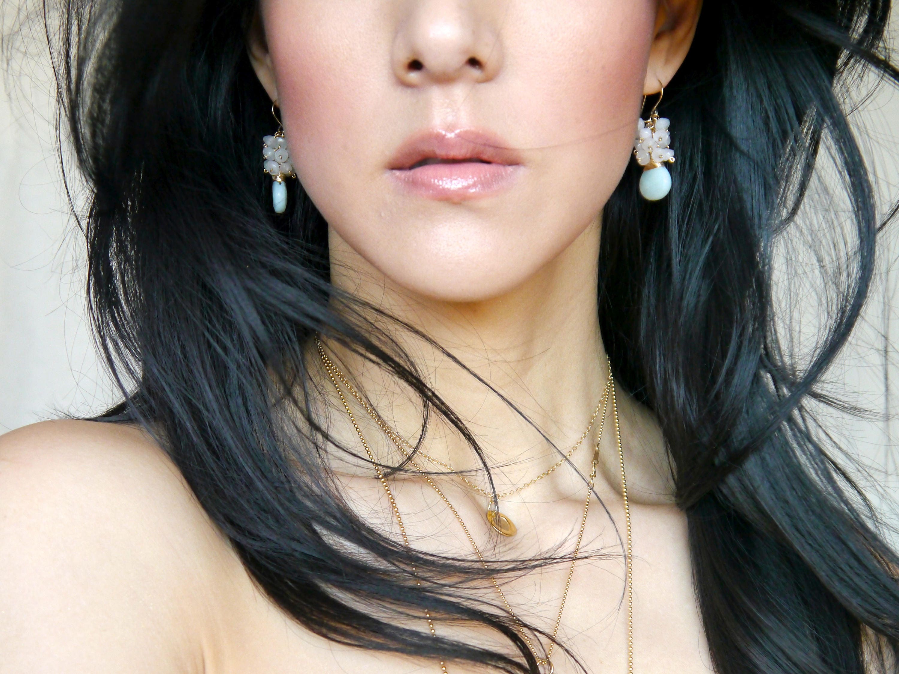 Amazonite Rose Quartz Cluster Earrings, 14K Gold Filled Floral Dangle, Garden Wedding