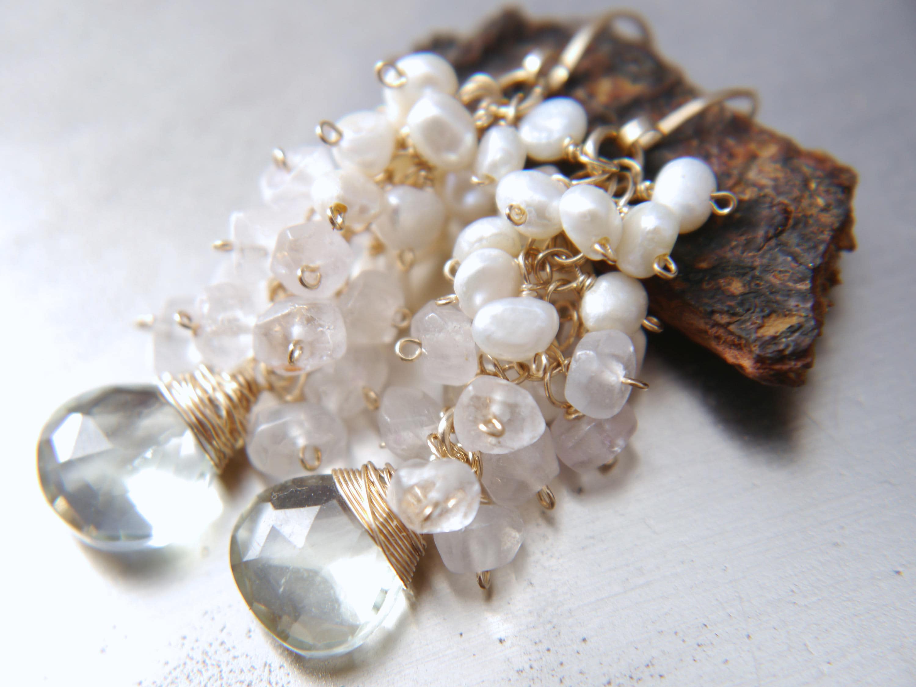 Green Amethyst Rose Quartz Pearl Cluster Gemstone Earrings, 14K Gold Filled Garden Wedding