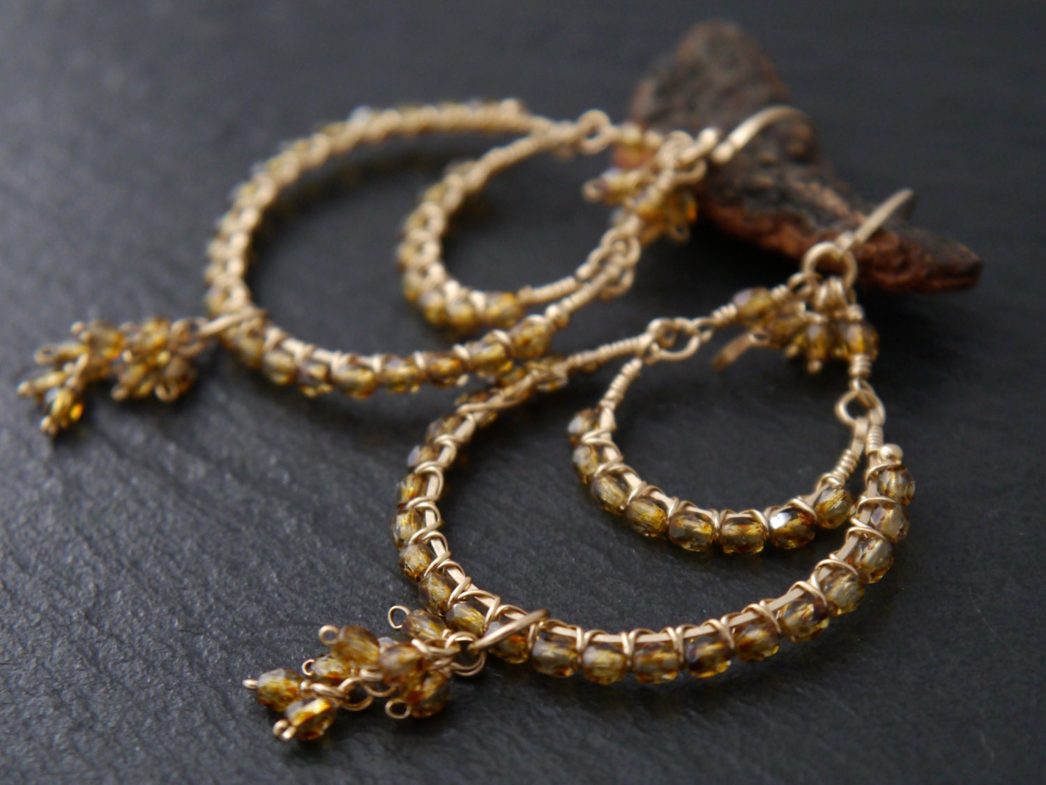 Tortoiseshell Chandelier Gemstone Earrings, 14K Gold Filled Bohemian Style