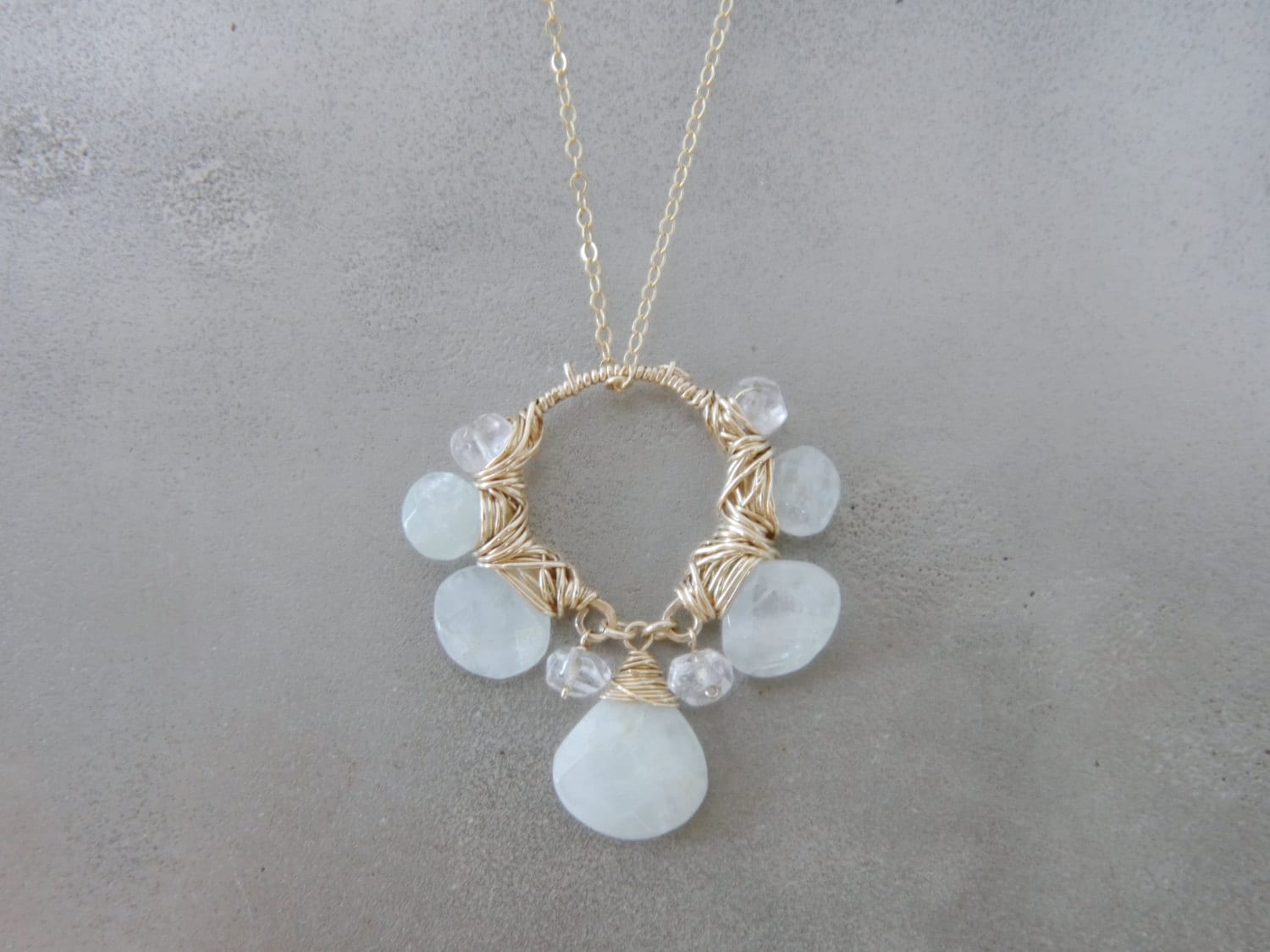 Aquamarine Flower Pendant Gemstone Necklace, 14K Gold Filled, Bohemian Wedding