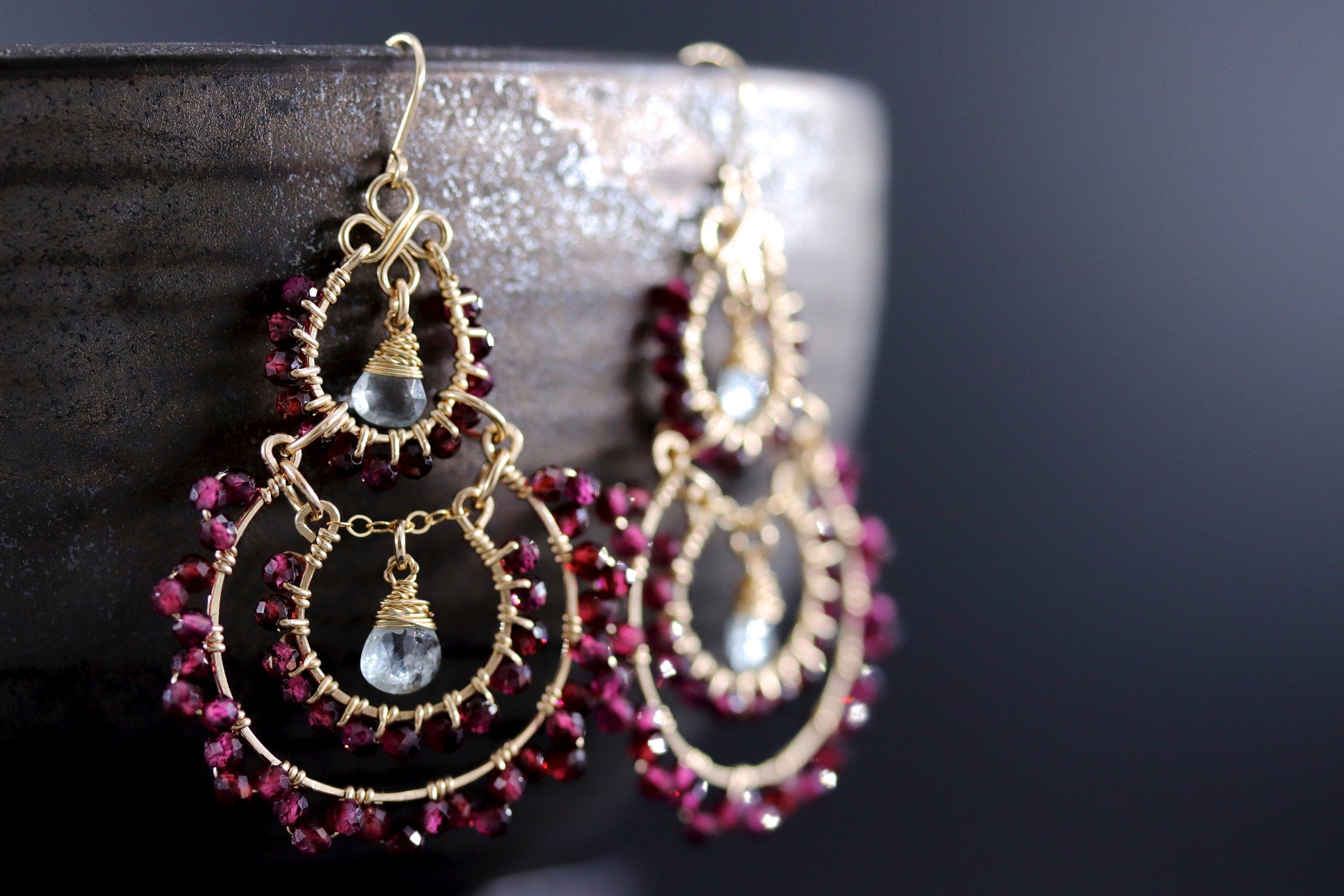 Garnet Aquamarine Fringe Chandelier Earrings, 14K Gold Filled Long Dangle, Heirloom Statement
