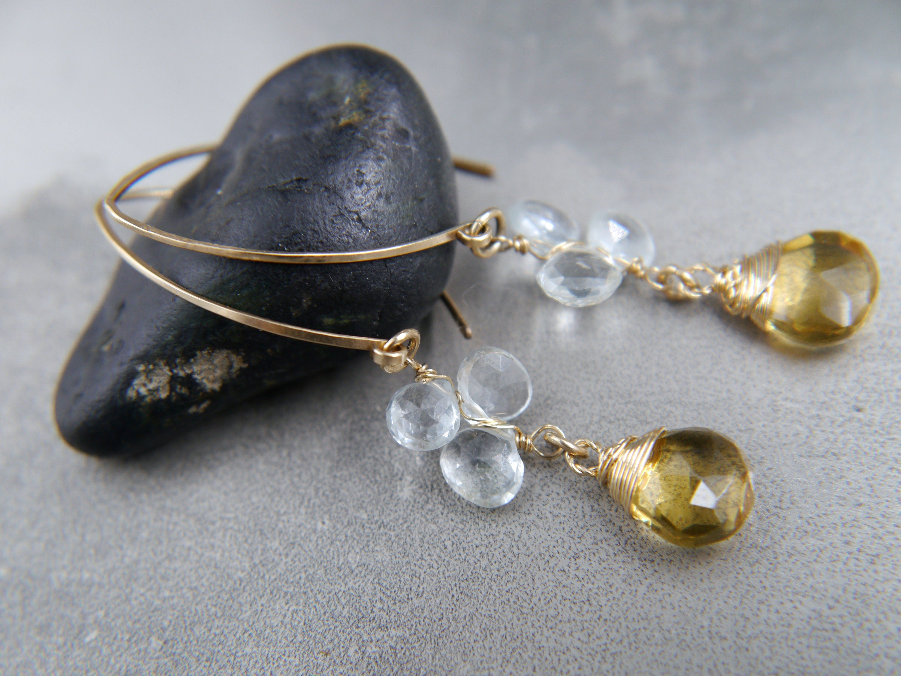 Aquamarine Citrine Floral Hoop Gemstone Earrings, 14K Gold Filled Bohemian Chic