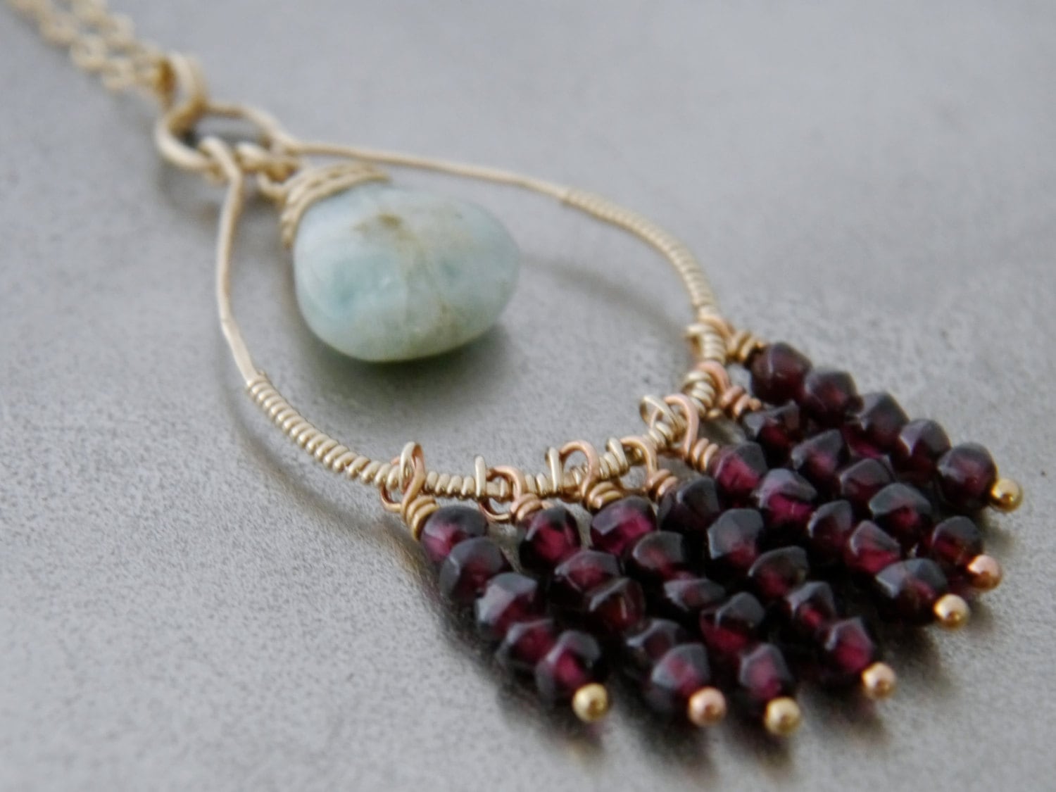 Aquamarine Garnet Tassel Pendant Necklace Gold Filled Statement Jewelry