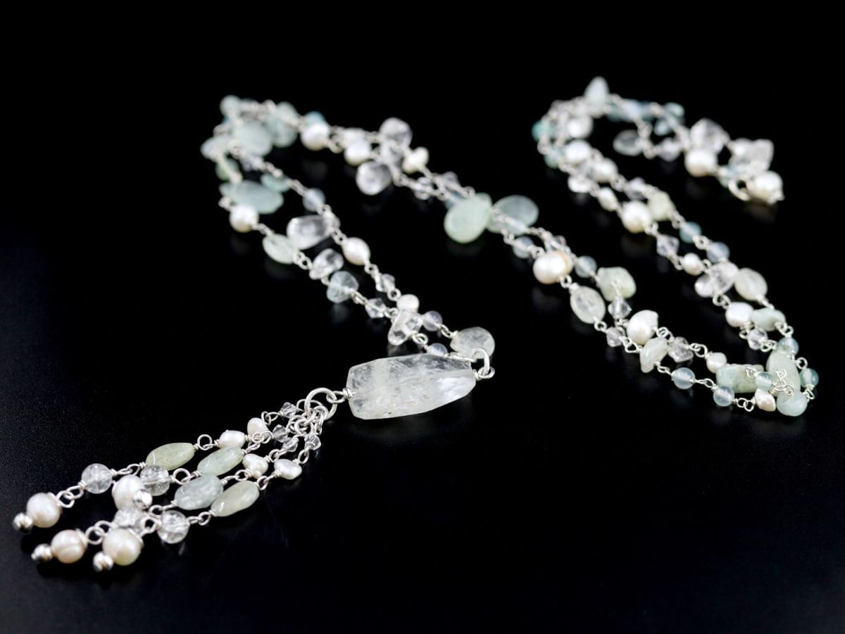 Aquamarine Pearl Rosary Chain Lariat Y Gemstone Necklace, Sterling Silver, Bohemian