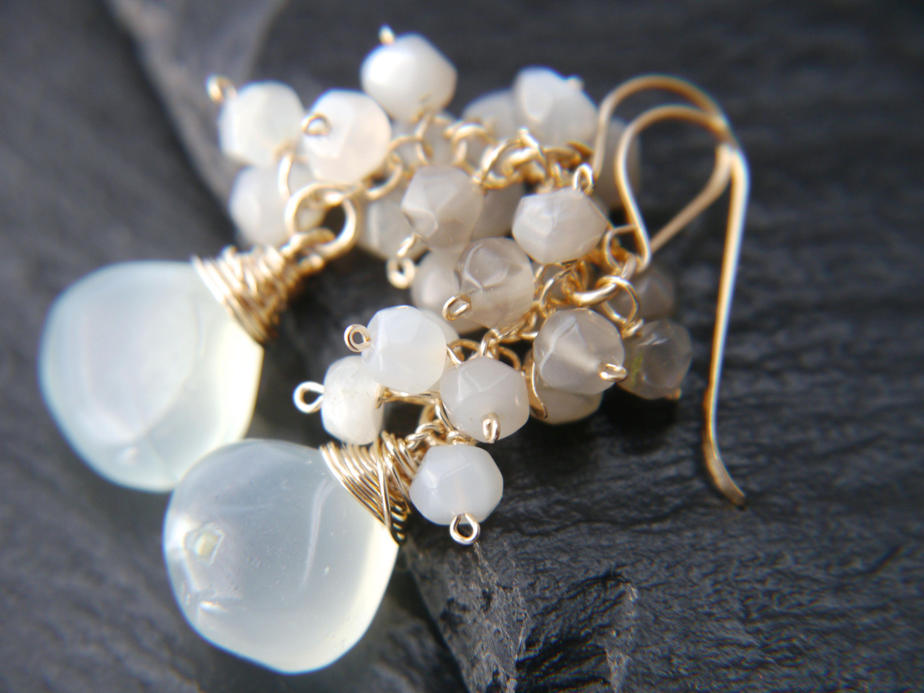 Aqua Chalcedony Briolette Moonstone Cluster Gemstone Earrings, 14K Gold Filled