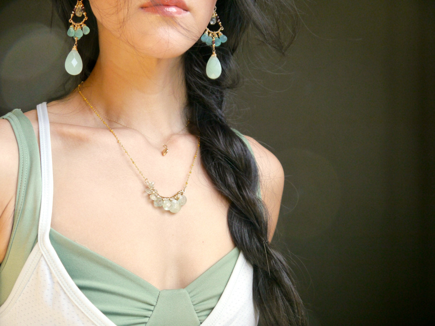 Aquamarine Teardrop Cluster Pendant Gemstone Necklace, 14K Gold Filled Bohemian Bride
