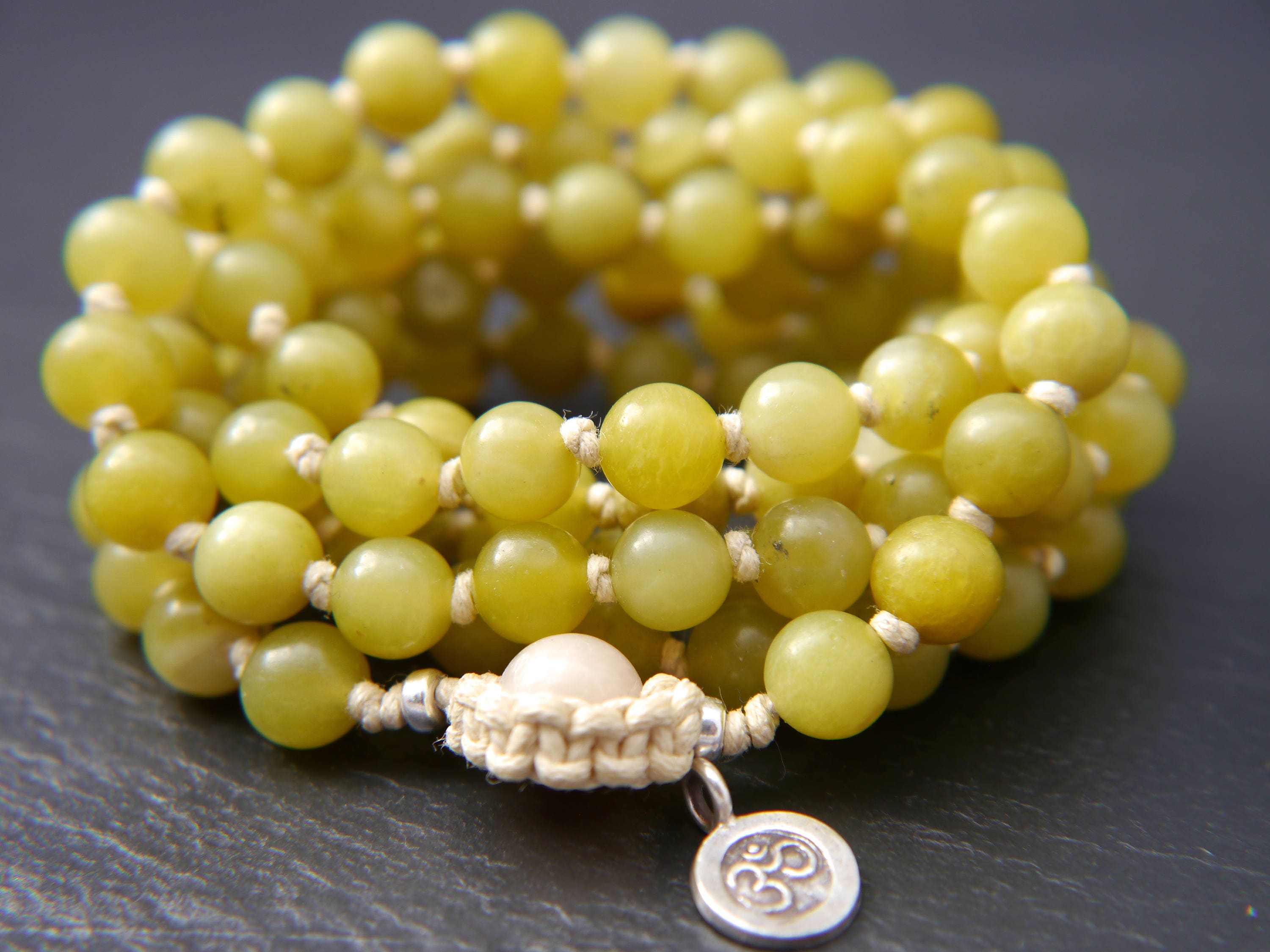 Olive Green Serpentine Mala Beads, 108 Gemstone Beads, Wrap, Hand Knotted