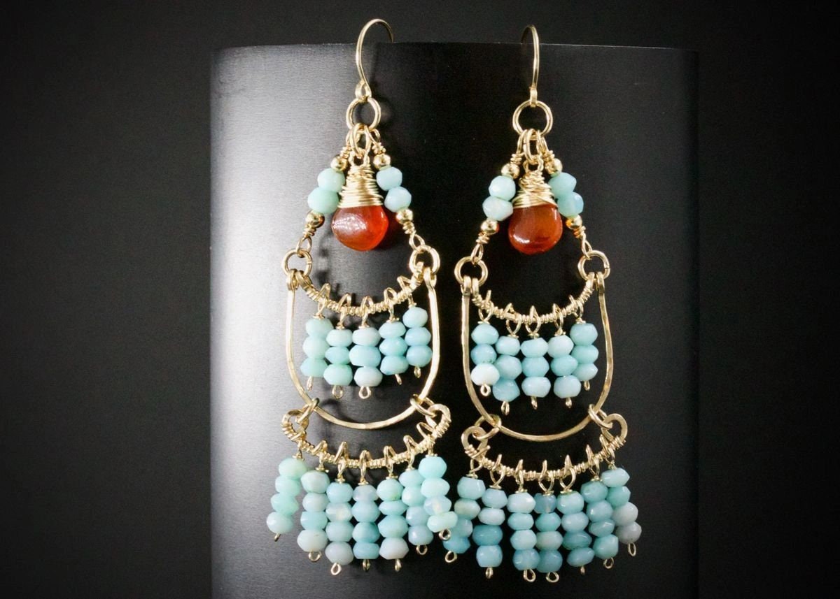 Carnelian Amazonite Chandelier Fringe Gemstone Earrings, 14K Gold Filled Unique Boho