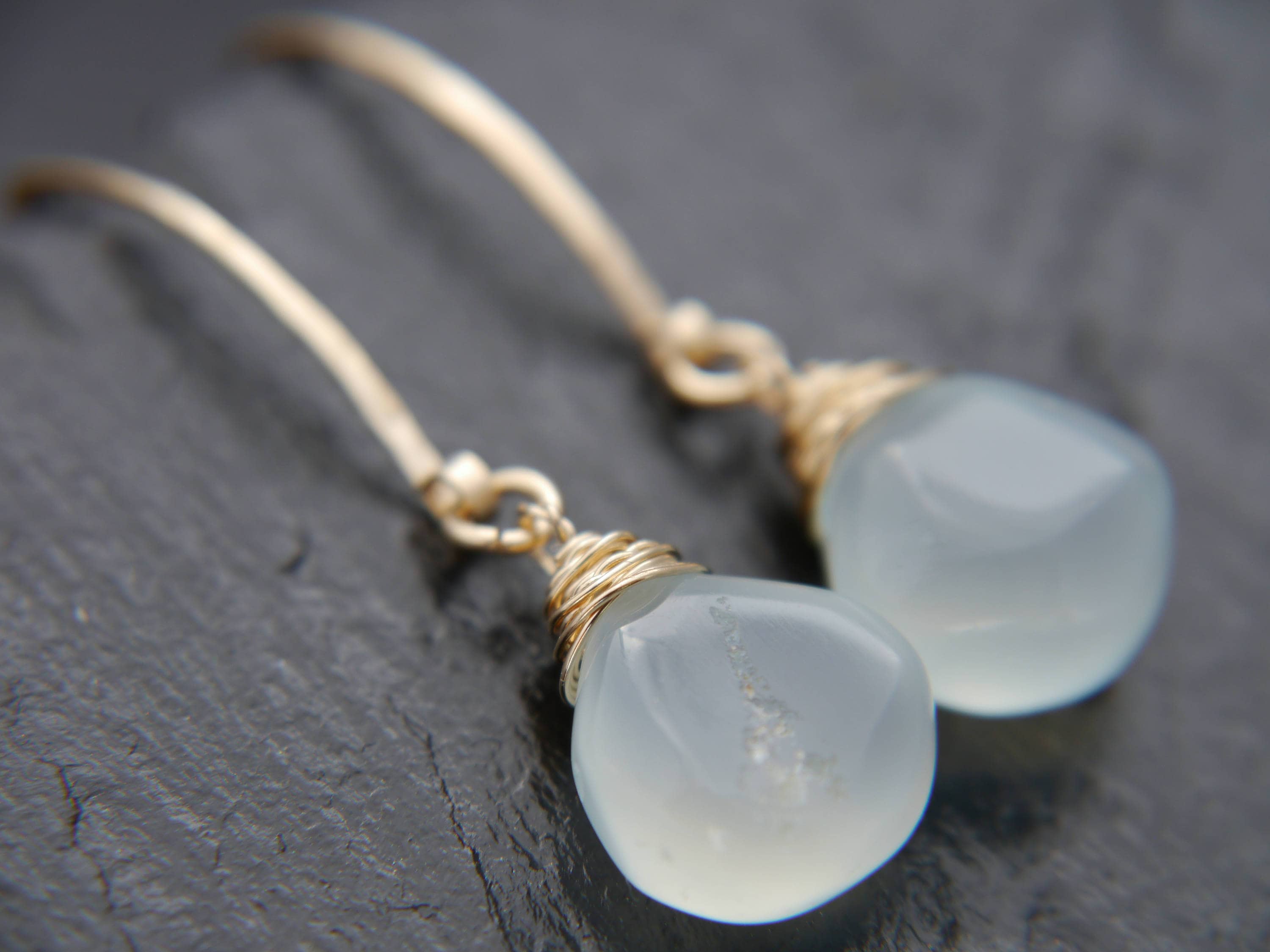 Aqua Chalcedony Heart Briolette Gemstone Earrings, 14K Gold Filled Hoops Dainty