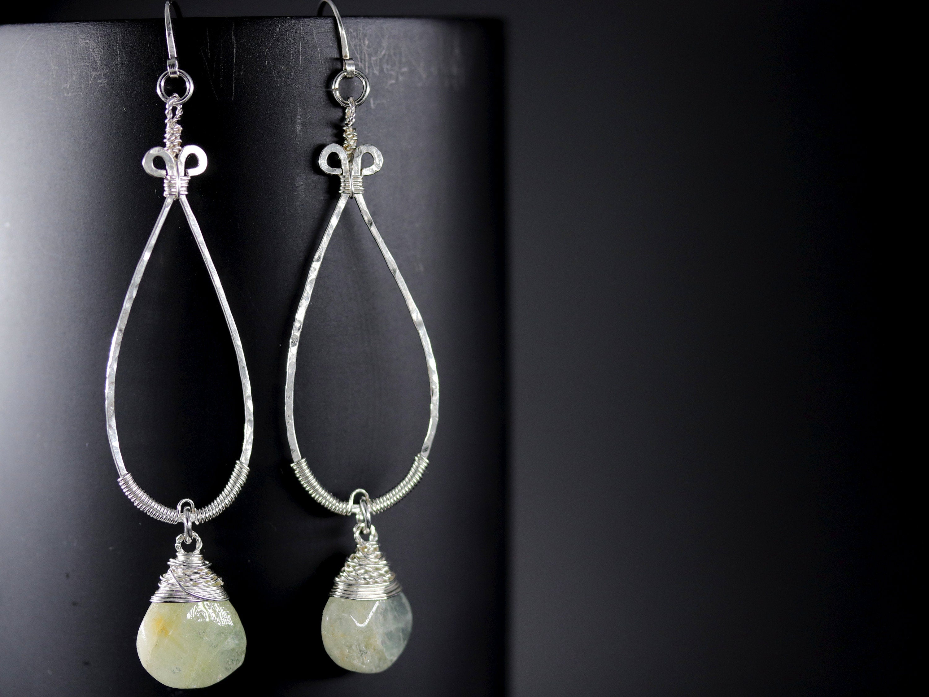 Wire Wrapped Aquamarine Teardrop Dangle Gemstone Earrings, Sterling Silver, Bridal