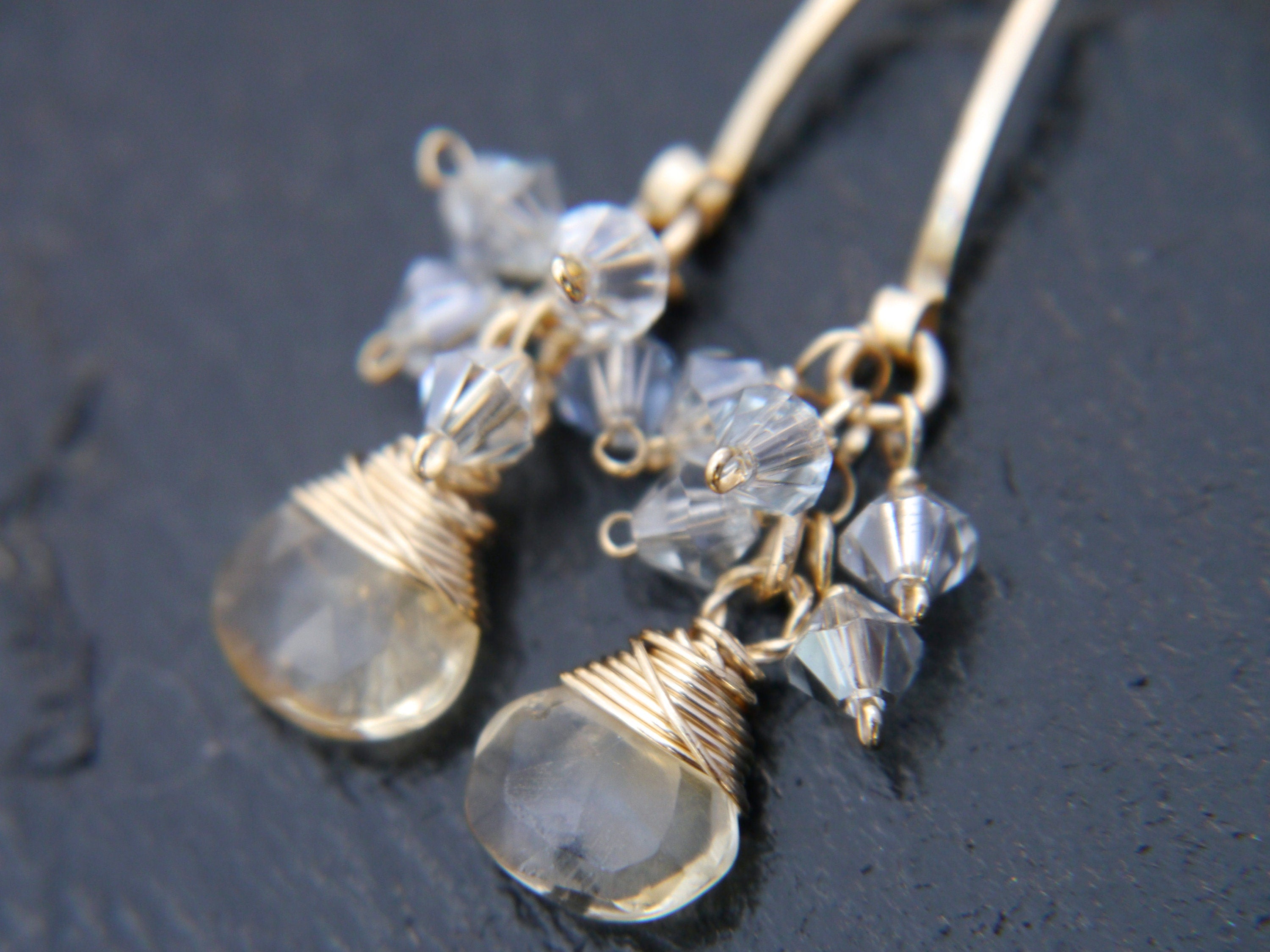 Citrine Teardrop Hoop Cluster Gemstone Earrings, 14K Gold Filled November Birthstone
