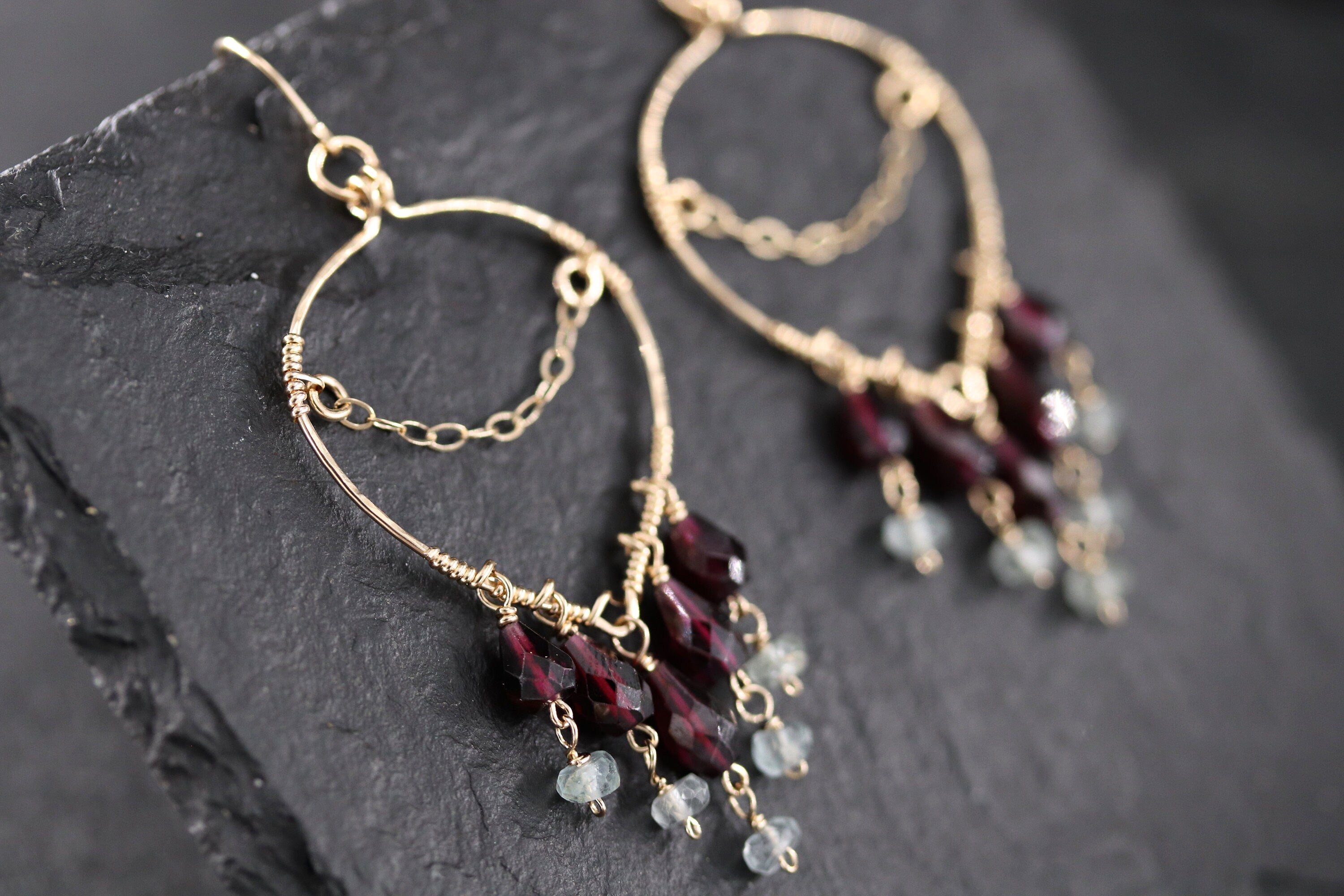 Garnet Aquamarine Fringe Earrings, 14K Gold Filled Long Dangle, Boho Statement