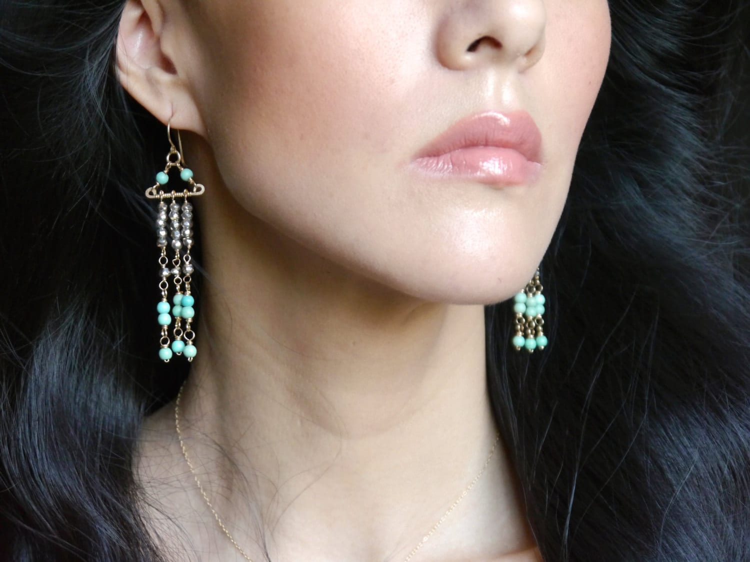 Turquoise Magnesite Pyrite Chandelier Gemstone Earrings, 14K Gold Filled