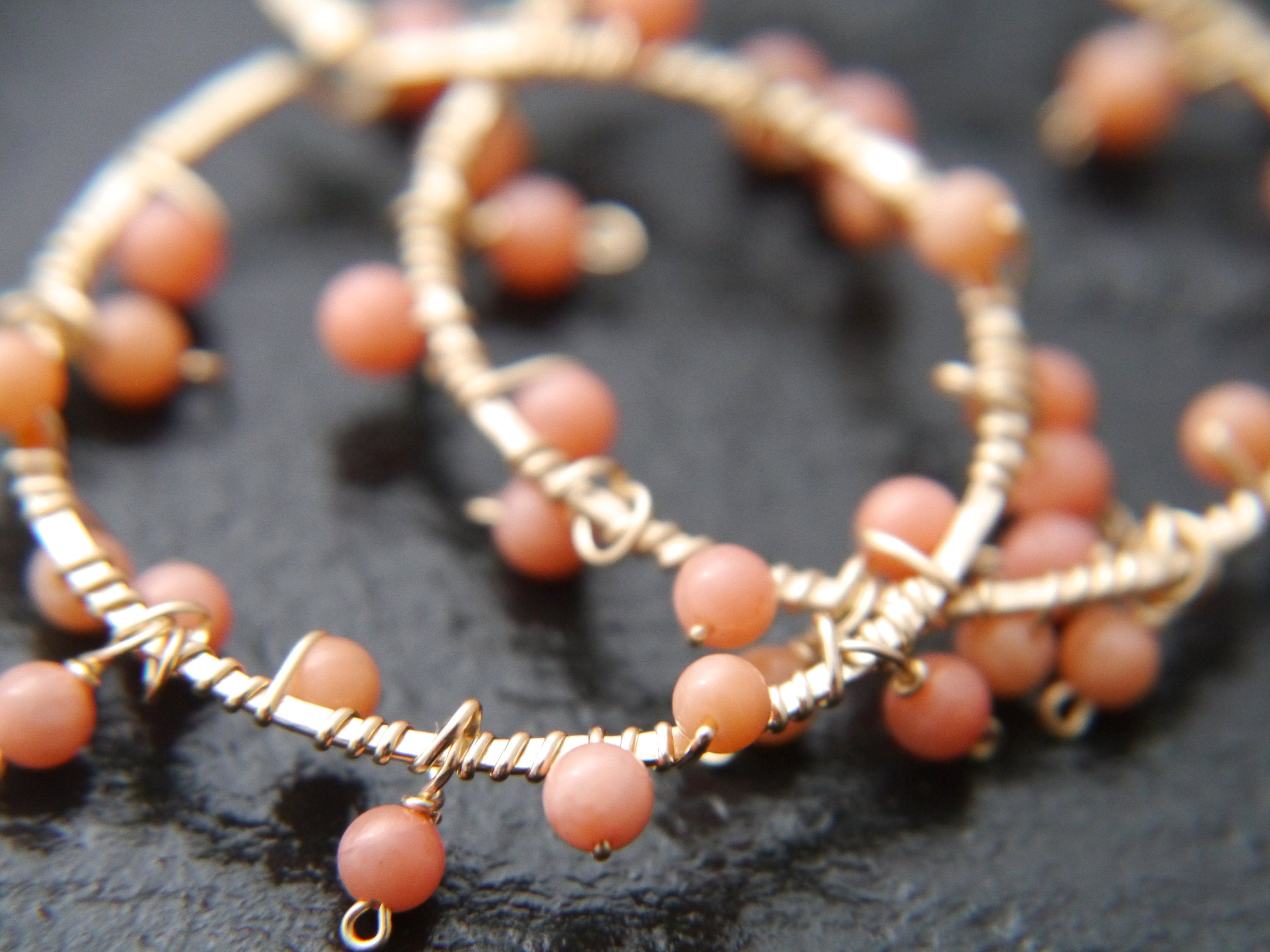 Coral Hoop Gemstone Earrings, 14K Gold Filled Garland Floral Bohemian Style
