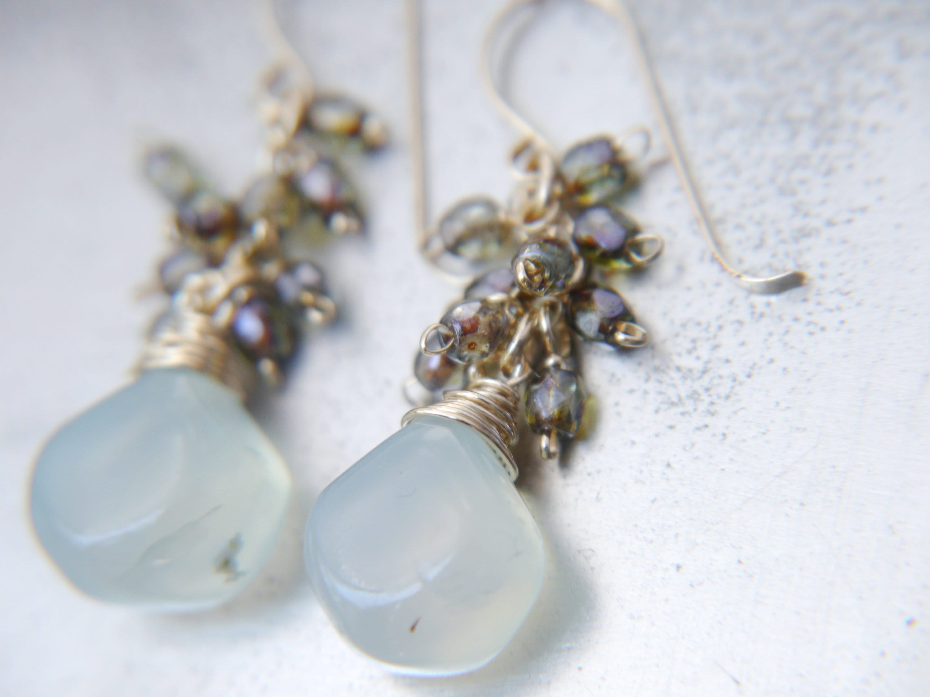 Aqua Chalcedony Cluster Teardrop Gemstone Earrings, 14K Gold Filled Classic Style