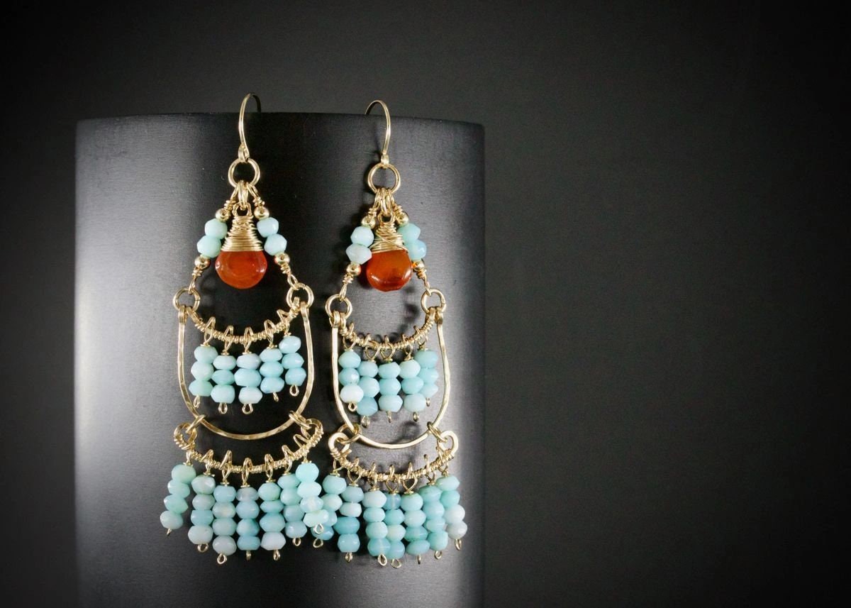Carnelian Amazonite Chandelier Fringe Gemstone Earrings, 14K Gold Filled Unique Boho