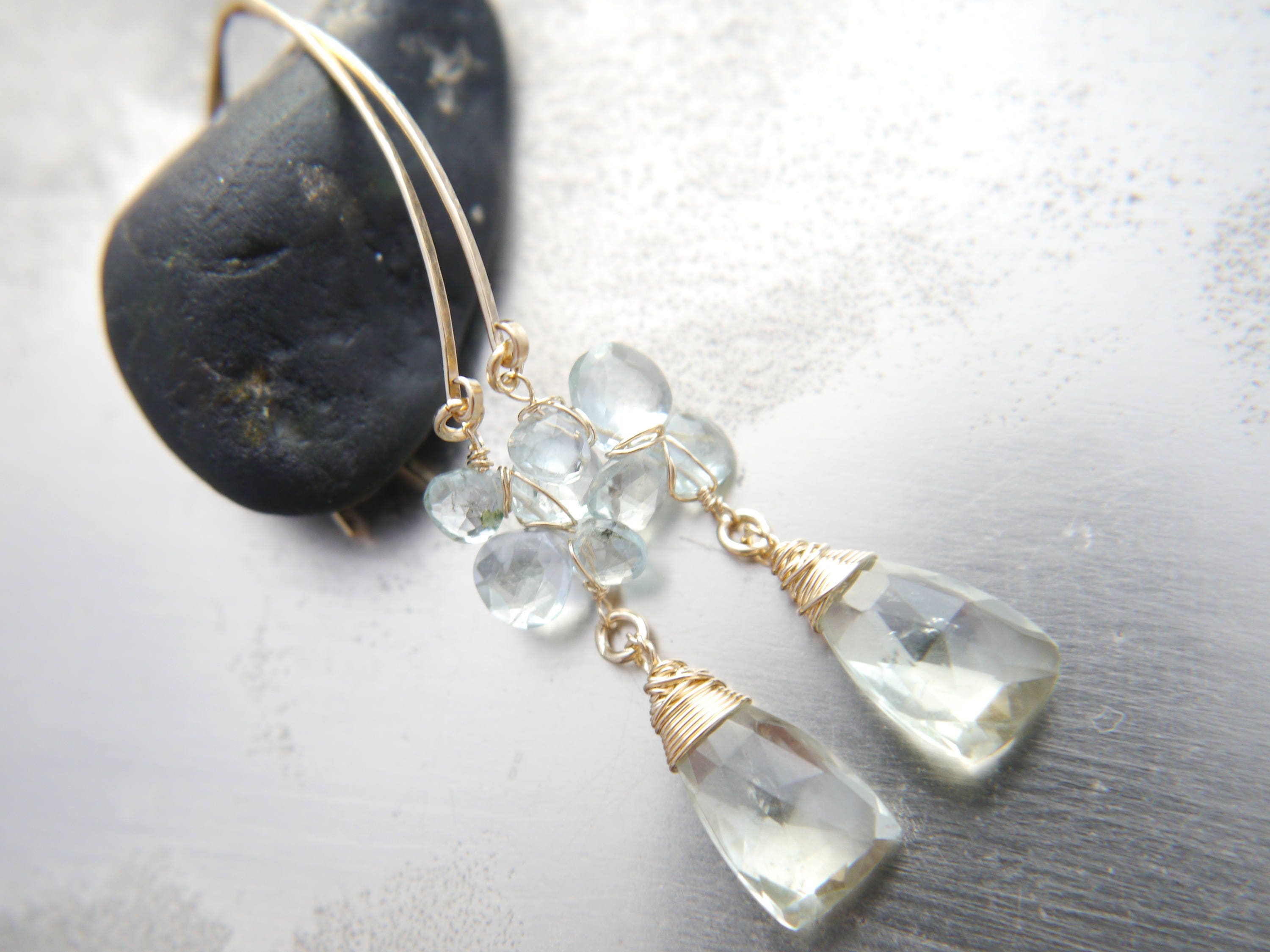 Aquamarine Green Amethyst Long Dangle Trillion Gemstone Earrings, 14K Gold Filled Bridal