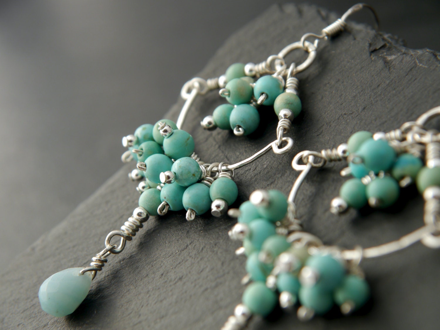 Amazonite Turquoise Magnesite Cluster Chandelier Gemstone Earrings, Sterling Silver