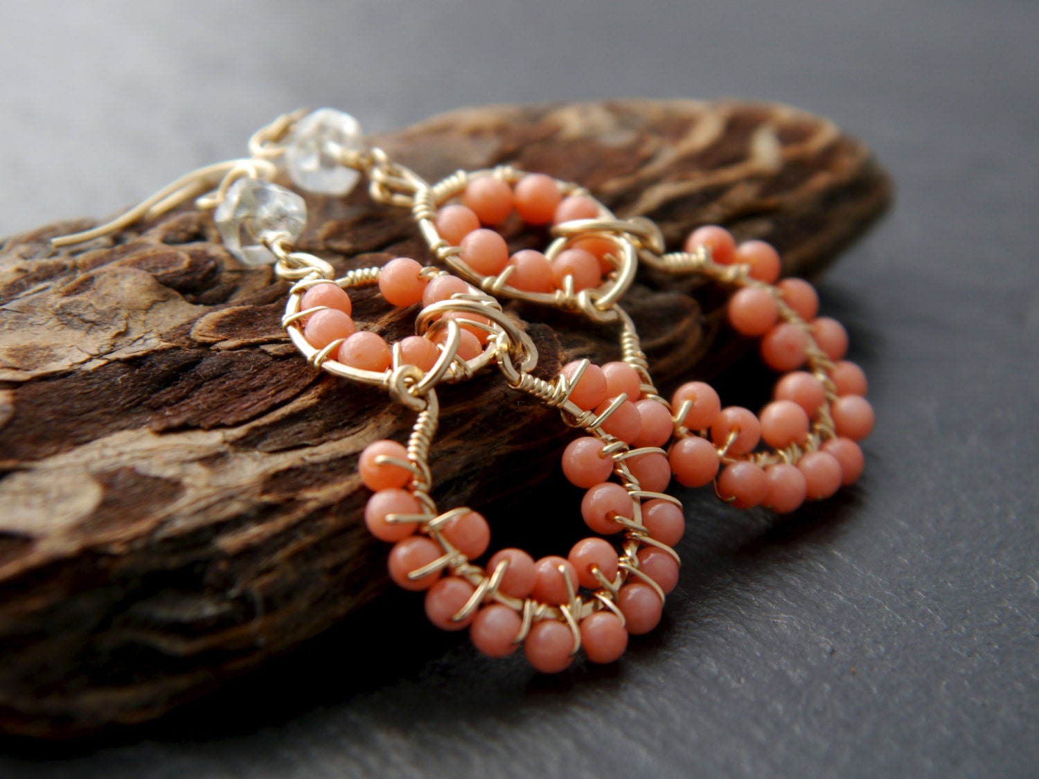 Salmon Pink Coral Hoop Gemstone Earrings, 14K Gold Filled Bohemian Style