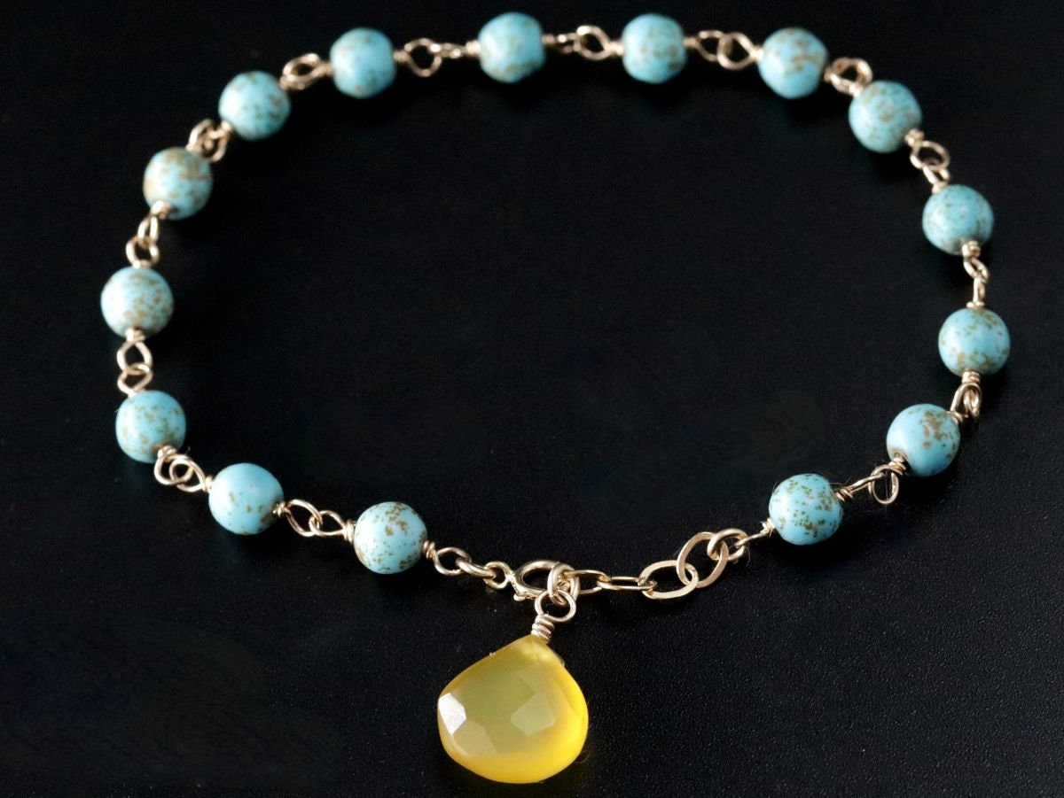 Turquoise Magnesite Yellow Chalcedony Gemstone Bracelet, 14K Gold Filled Rosary Chain, Minimalist Jewelry