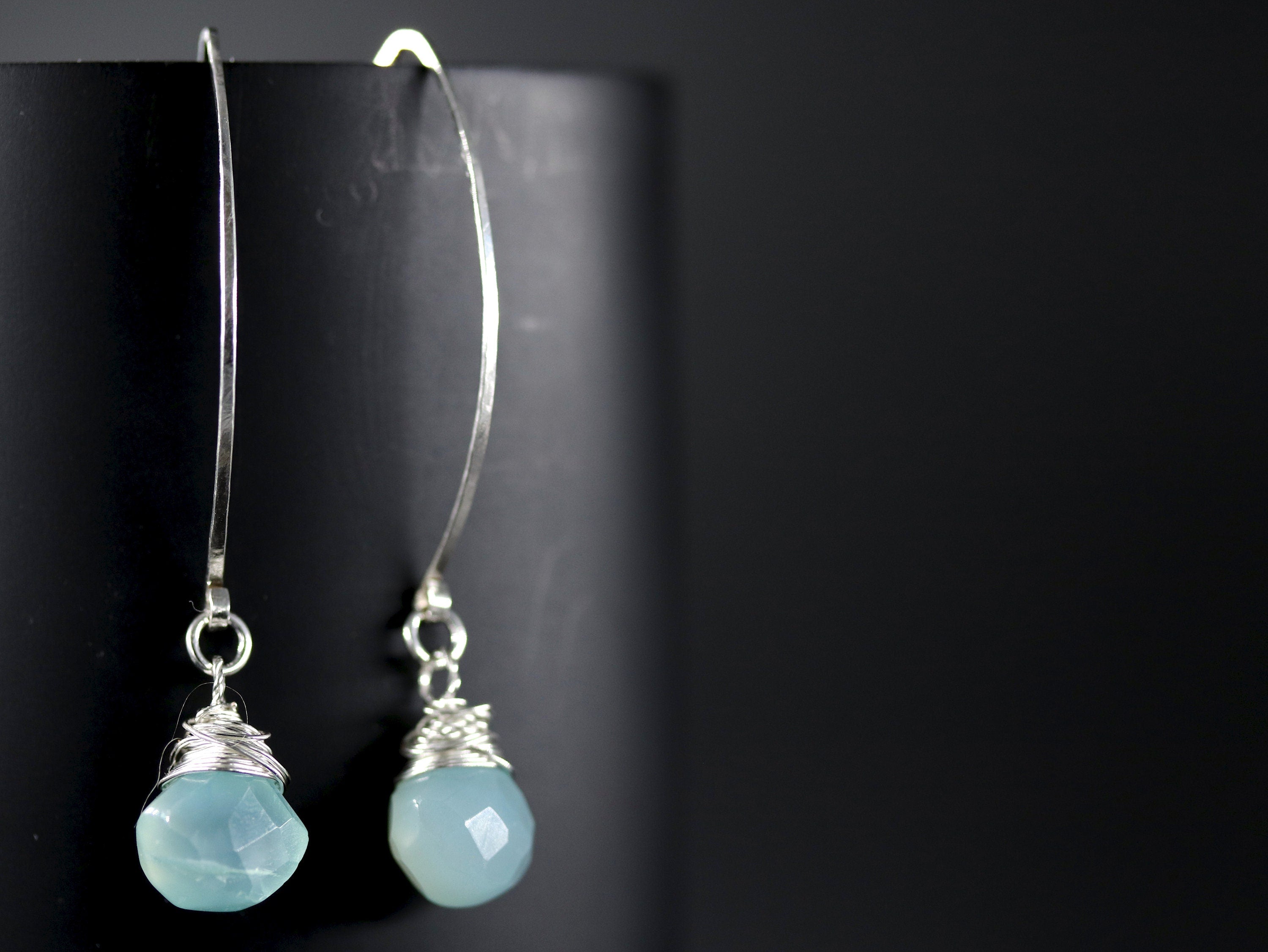 Aqua Chalcedony Briolette Hoop Gemstone Earrings, Sterling Silver