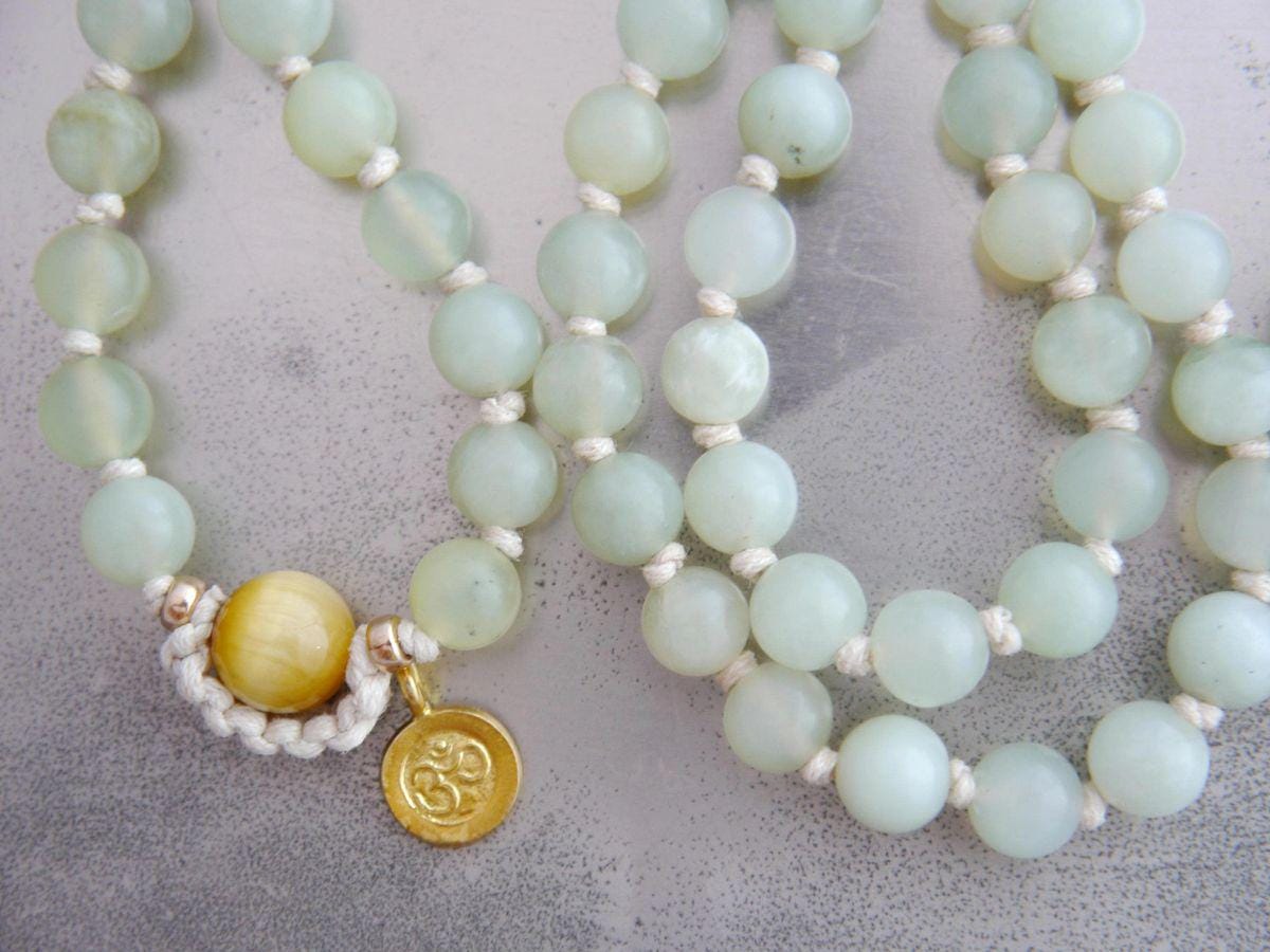 Sea Green Serpentine Mala Beads, 108 Gemstone Beads, Wrap, Hand Knotted