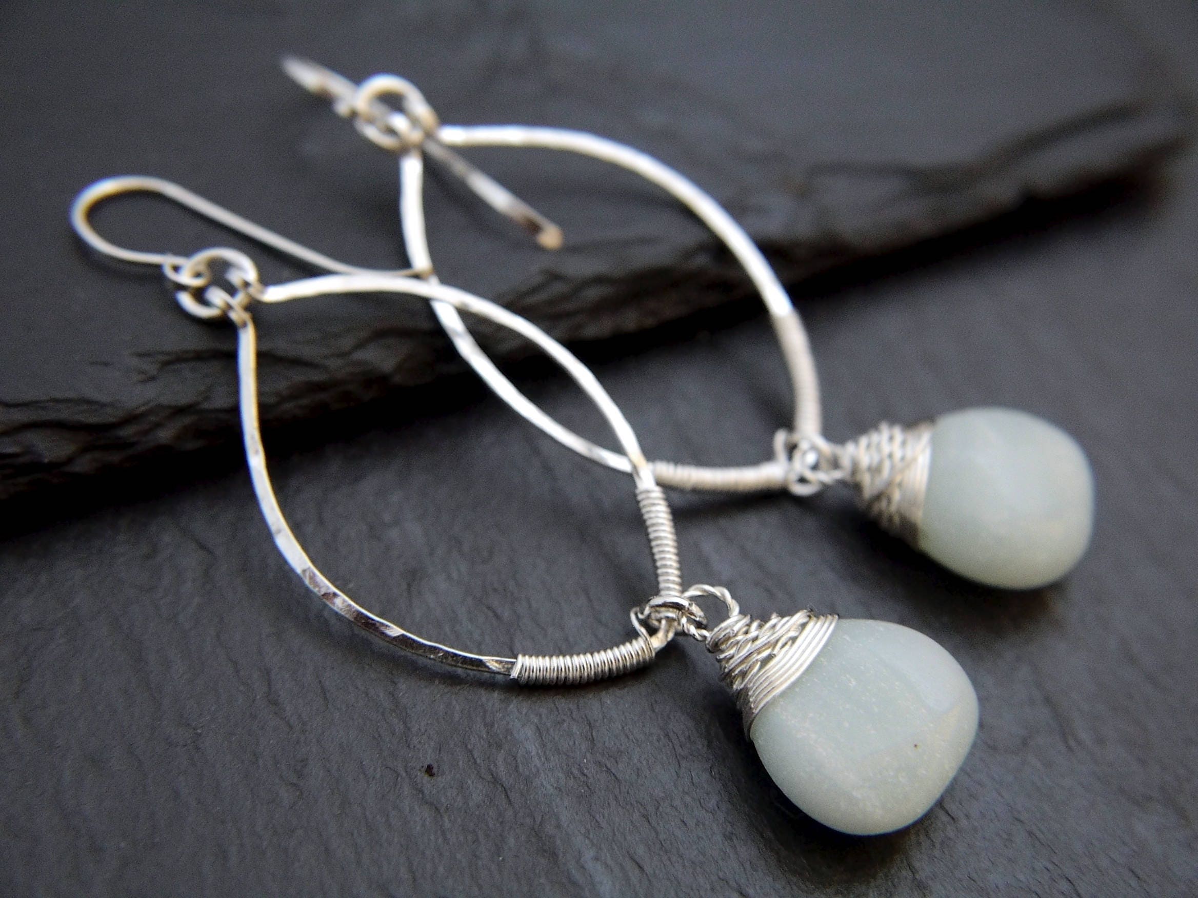 Amazonite Leaf Hoop Gemstone Earrings, Sterling Silver, Nature Inspired