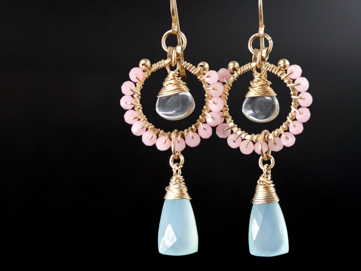Pink Opal Chalcedony Trillion Briolette Floral Gemstone Earrings, 14K Gold Filled Bohemian Style