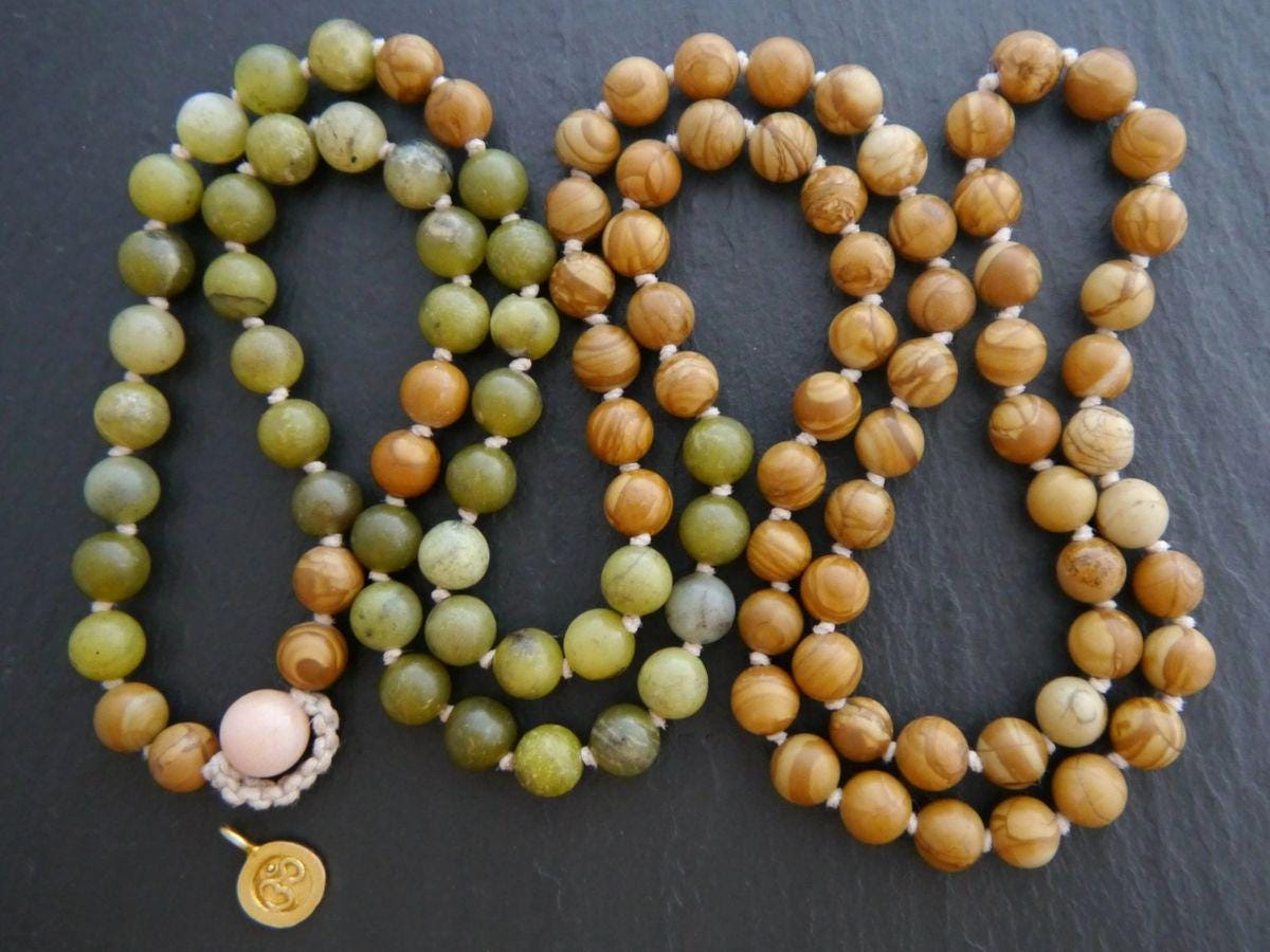 Olive Serpentine Tigerskin Jasper Mala Beads, 108 Gemstone Beads, Wrap, Hand Knotted