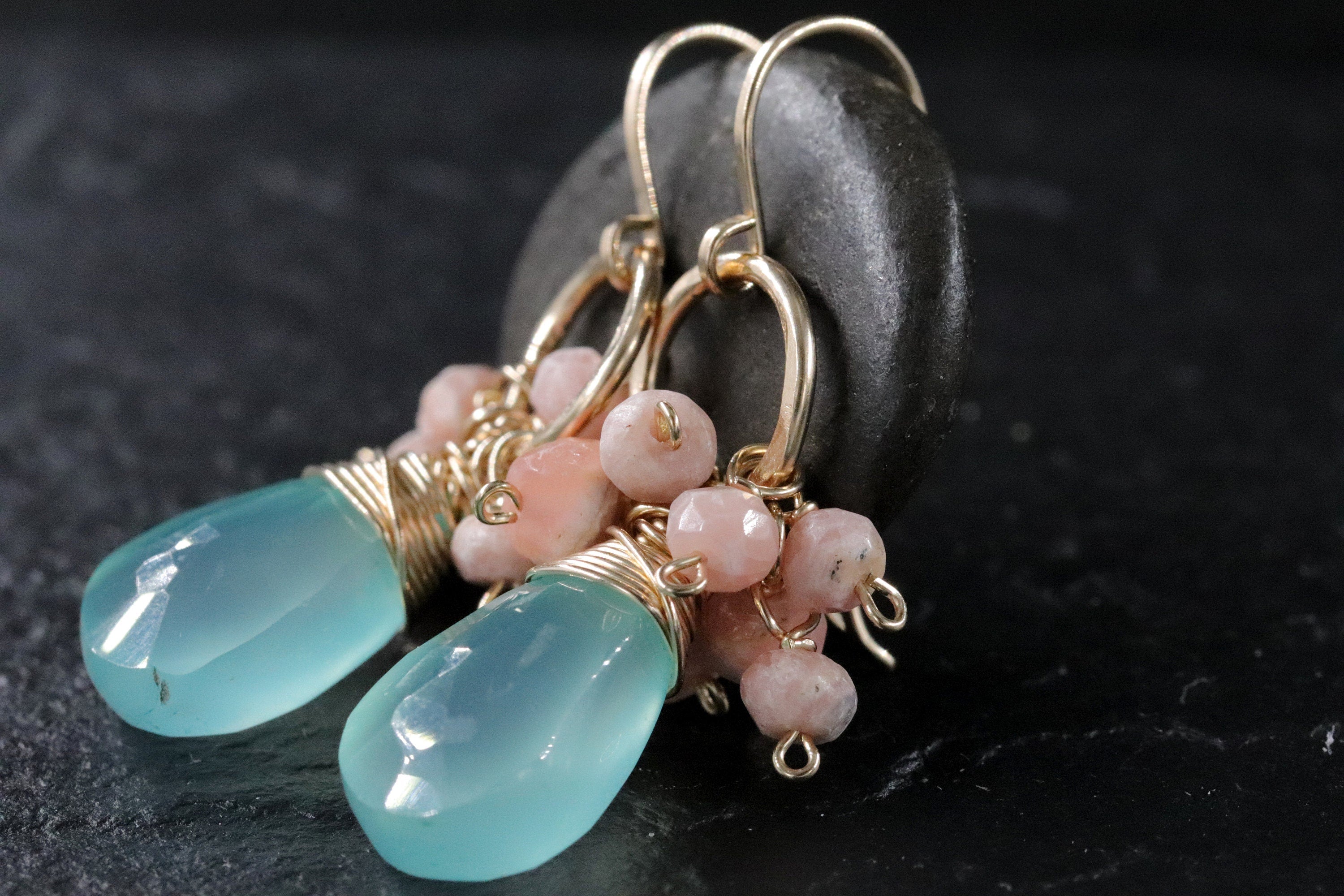 Aqua Chalcedony Pink Rhodonite Floral Cluster Gemstone Earrings, 14K Gold Filled