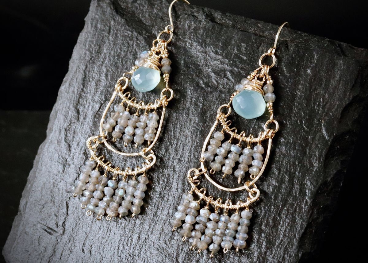 Aqua Chalcedony Labradorite Chandelier Gemstone Earrings, 14K Gold Filled Bohemian Wedding Jewelry