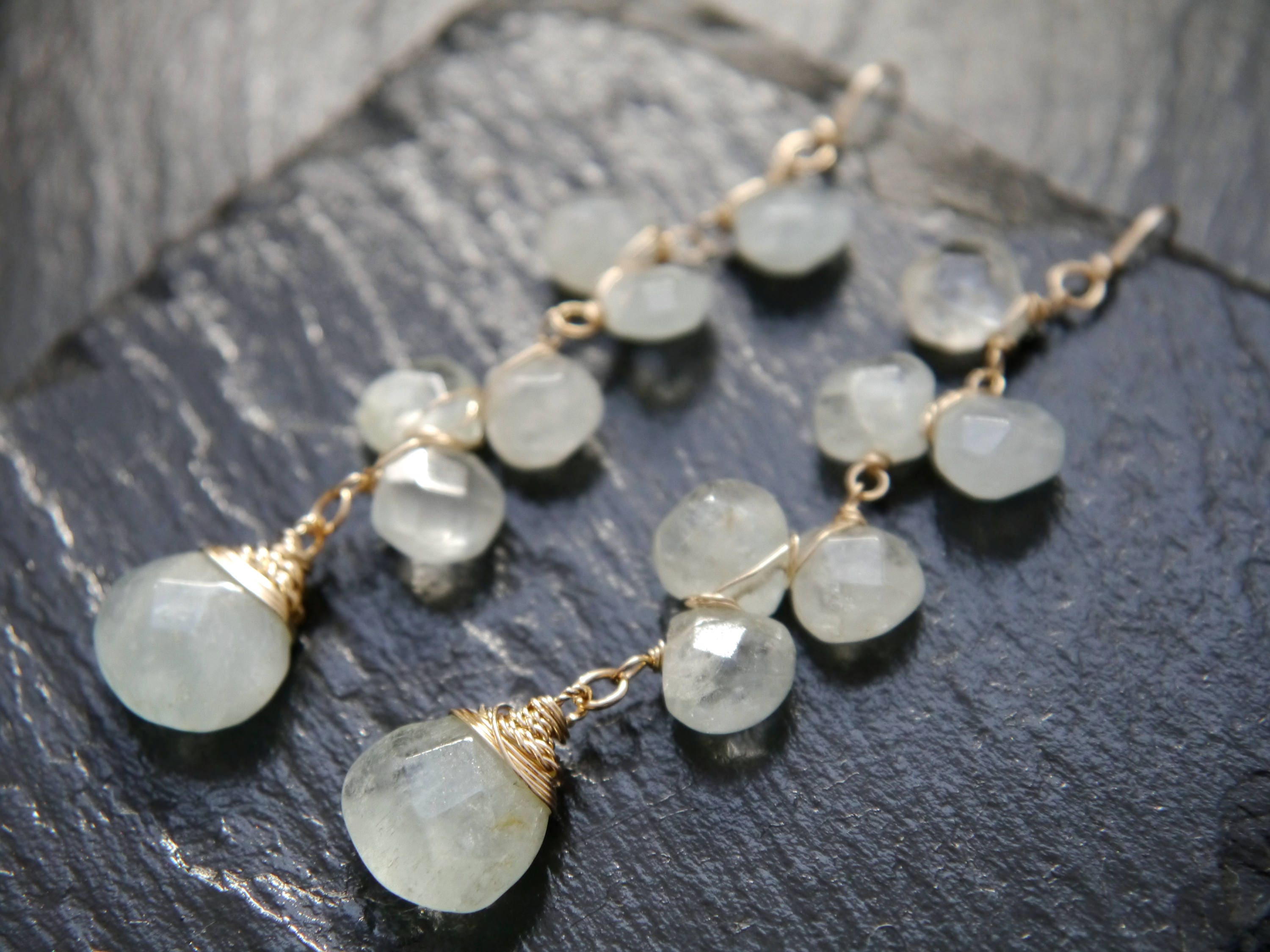 Aquamarine Long Dangle Floral Gemstone Earrings, 14K Gold Filled Garden Wedding