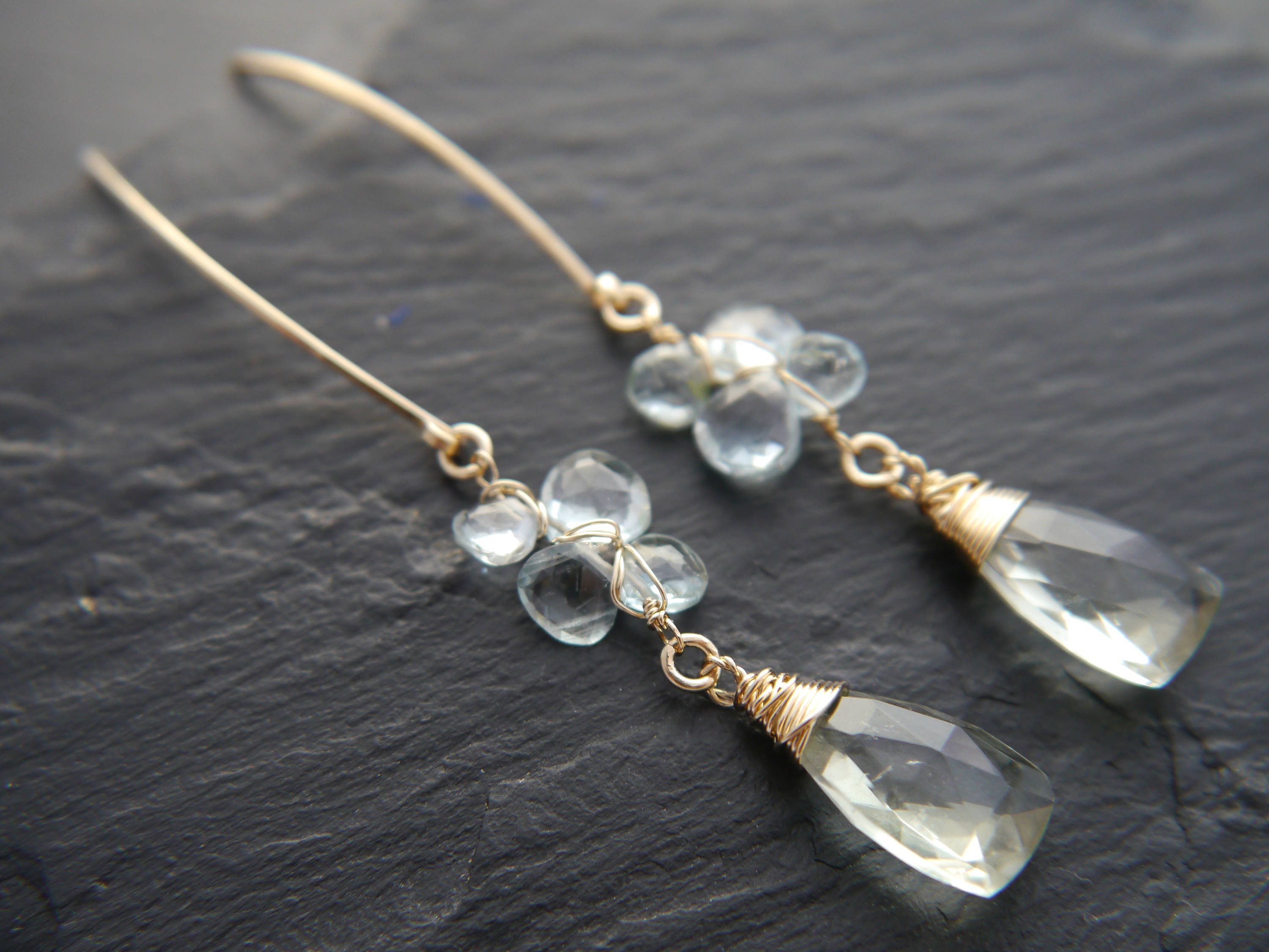 Aquamarine Green Amethyst Long Dangle Trillion Gemstone Earrings, 14K Gold Filled Bridal
