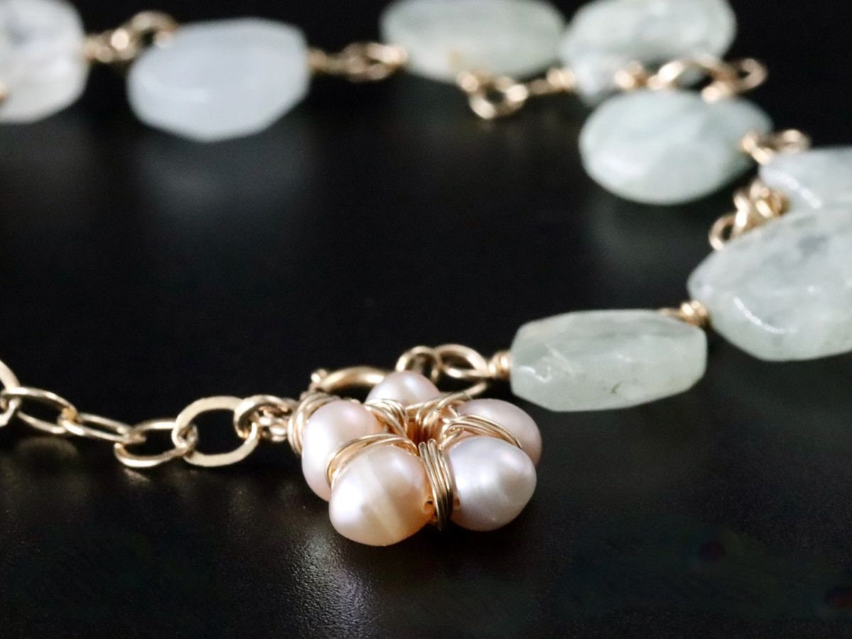 14K Gold Filled Aquamarine Pearl Floral Gemstone Bracelet, March Birthstone Bridal Jewelry