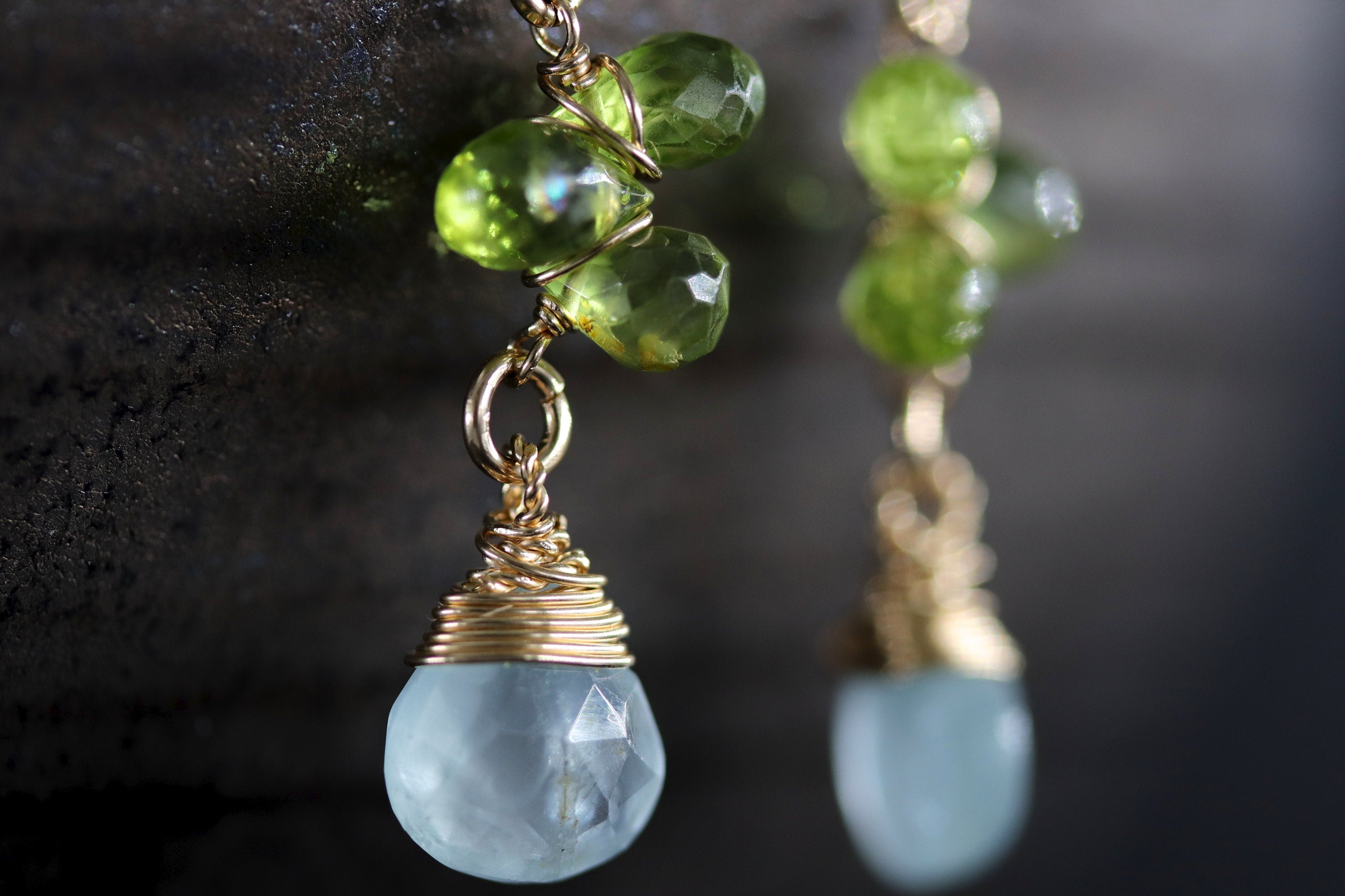 Aquamarine Peridot Dangle Vine Gemstone Earrings, 14K Gold Filled Floral Design